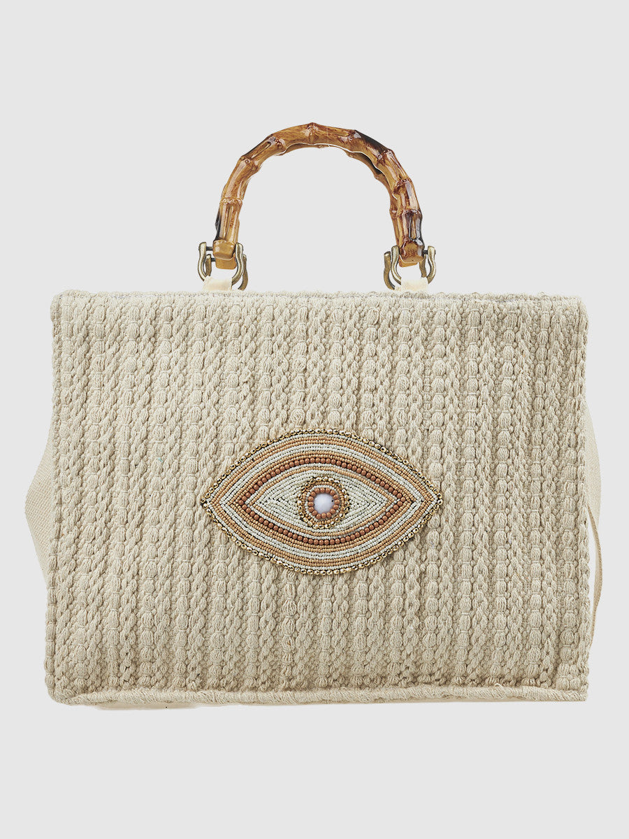 Coastal Evil Eye Cotton Beach Bag – designed for effortless beach days and everyday elegance