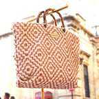 Rust & Cream Pattern Beach Tote with Bamboo Handles – Your Perfect Summer Escape Bag