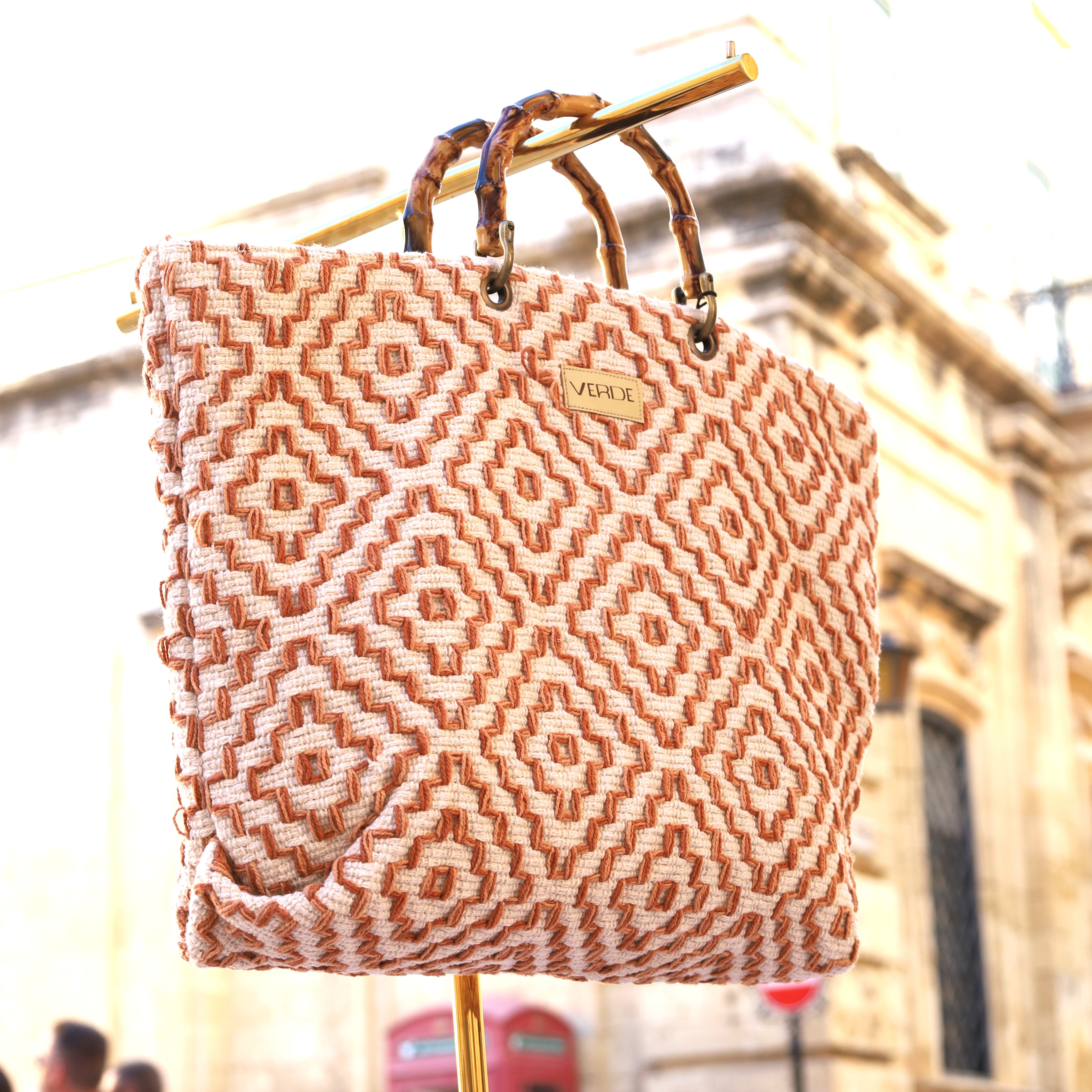 Rust & Cream Pattern Beach Tote with Bamboo Handles – Your Perfect Summer Escape Bag