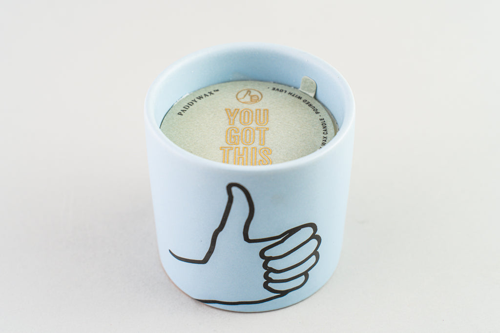 Impressions Ceramic Candle 5.75 oz./163g - Blue- Thumbs Up - Mint Leaf & Cardamom