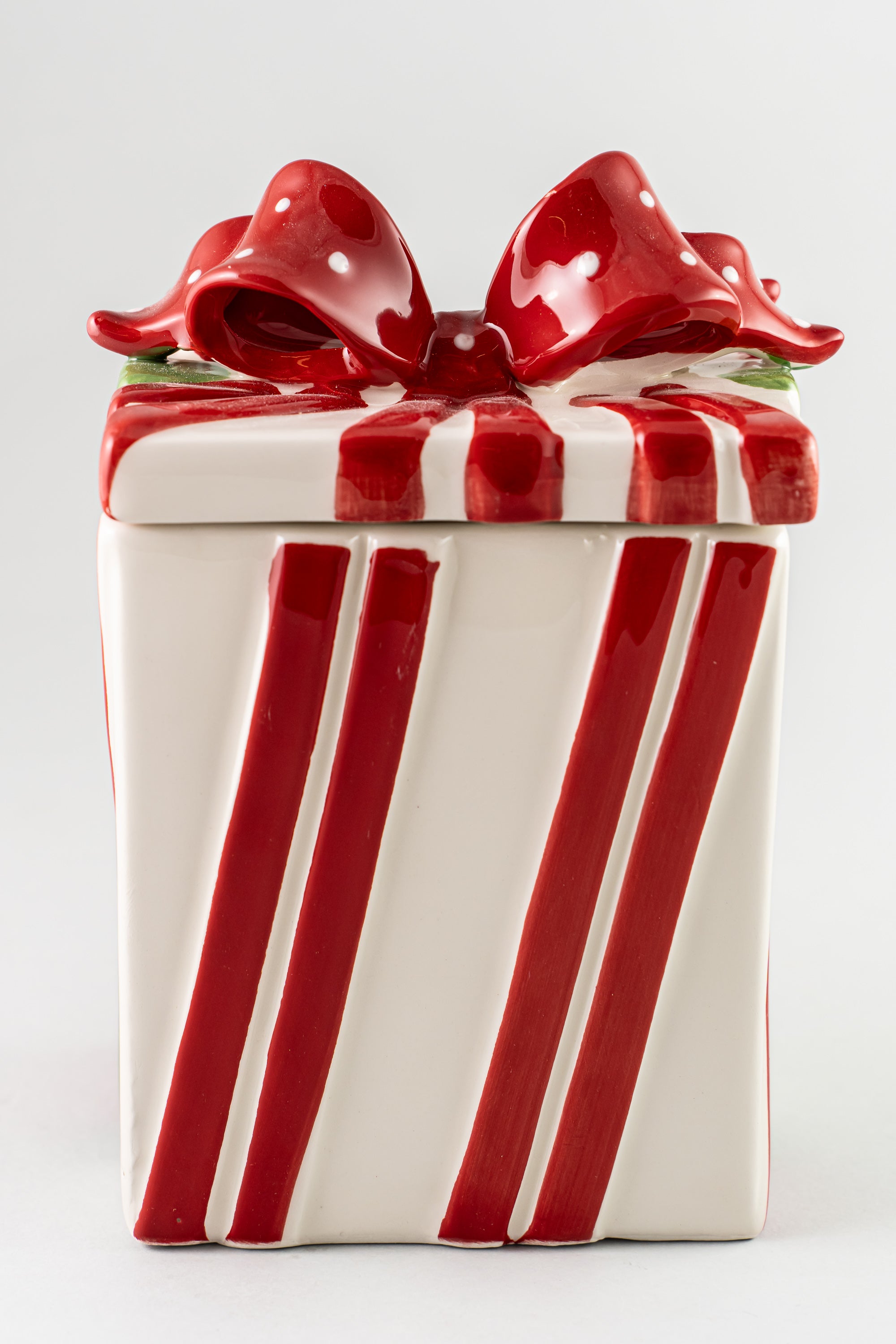 Red White Christmas Ceramic Cookie Jar Present.