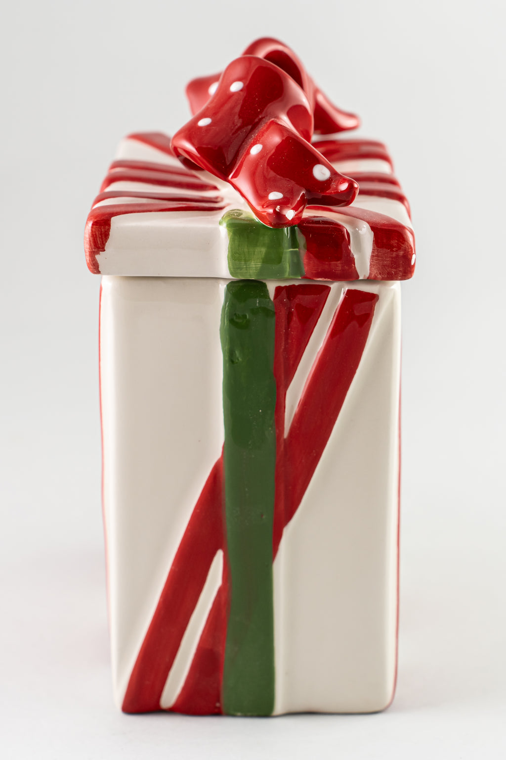 Red White Christmas Ceramic Cookie Jar Present.
