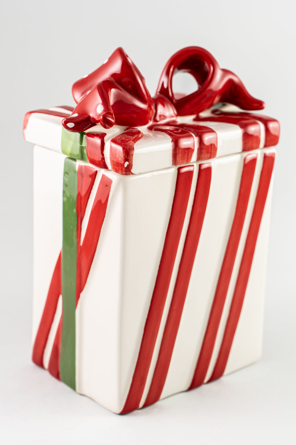 Red White Christmas Ceramic Cookie Jar Present.