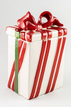 Red White Christmas Ceramic Cookie Jar Present.