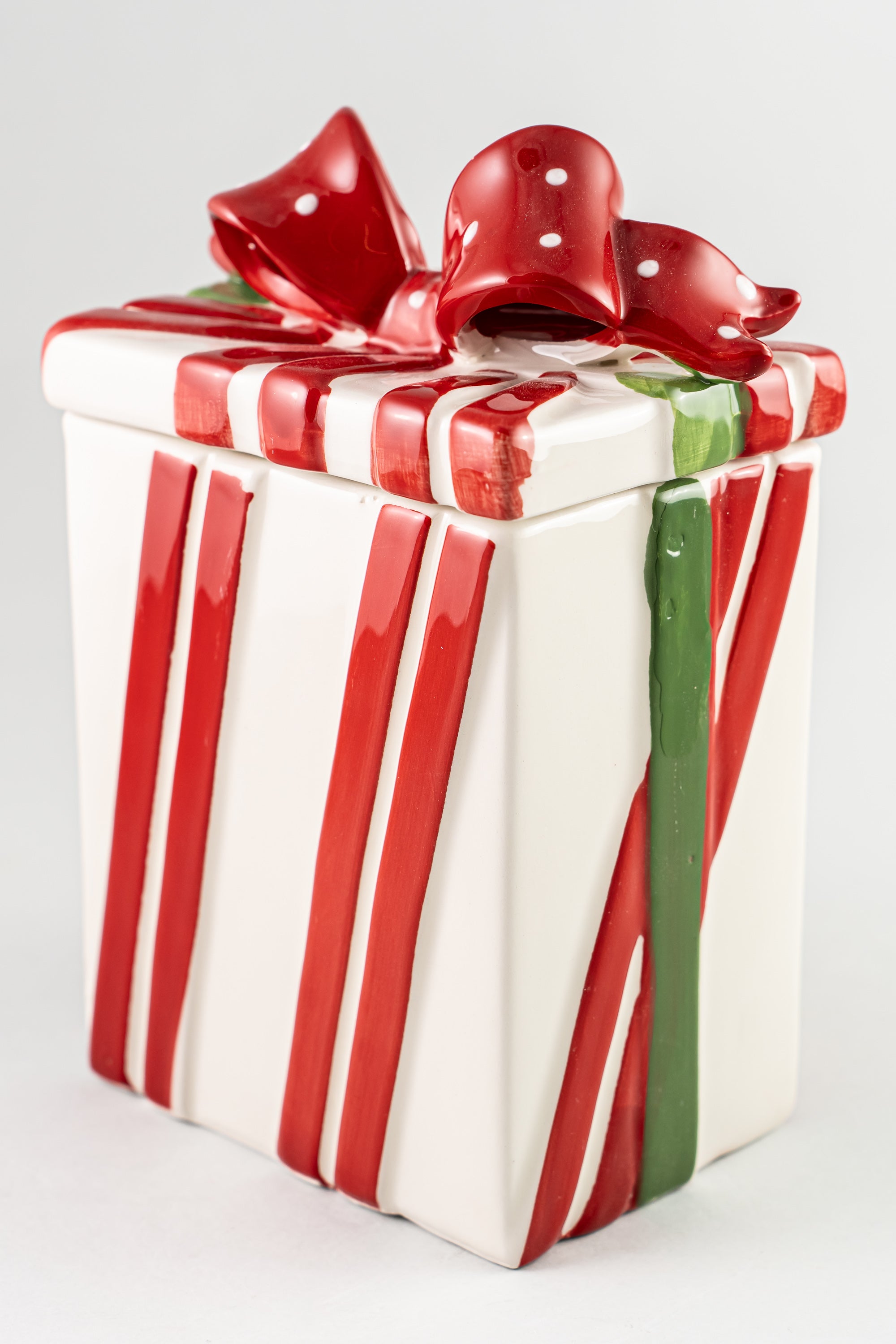 Red White Christmas Ceramic Cookie Jar Present.