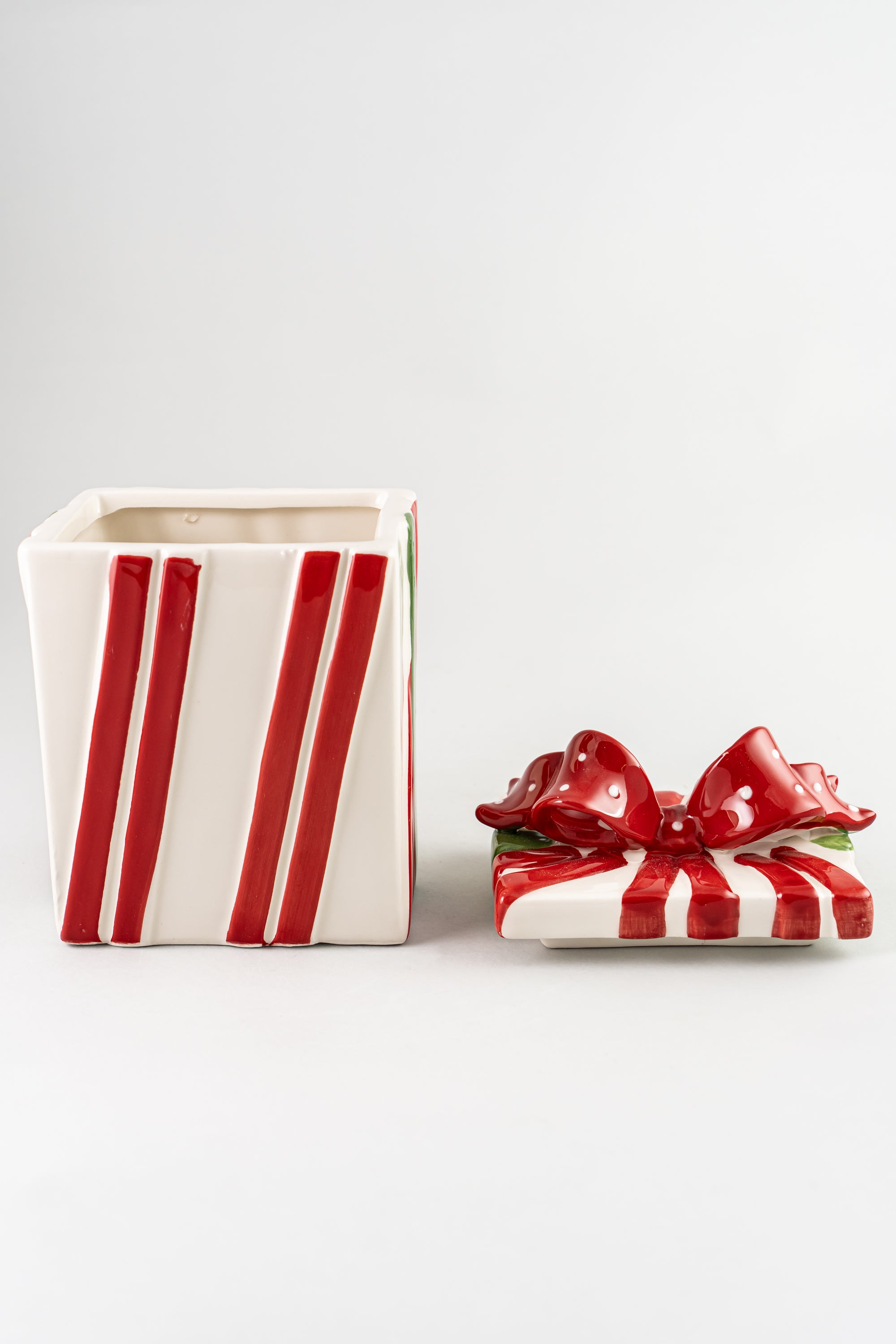Red White Christmas Ceramic Cookie Jar Present.
