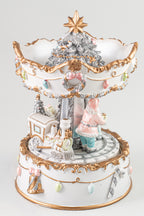 Xmas White/ Gold Resin Winding Carousel With Horses, Music & Movement