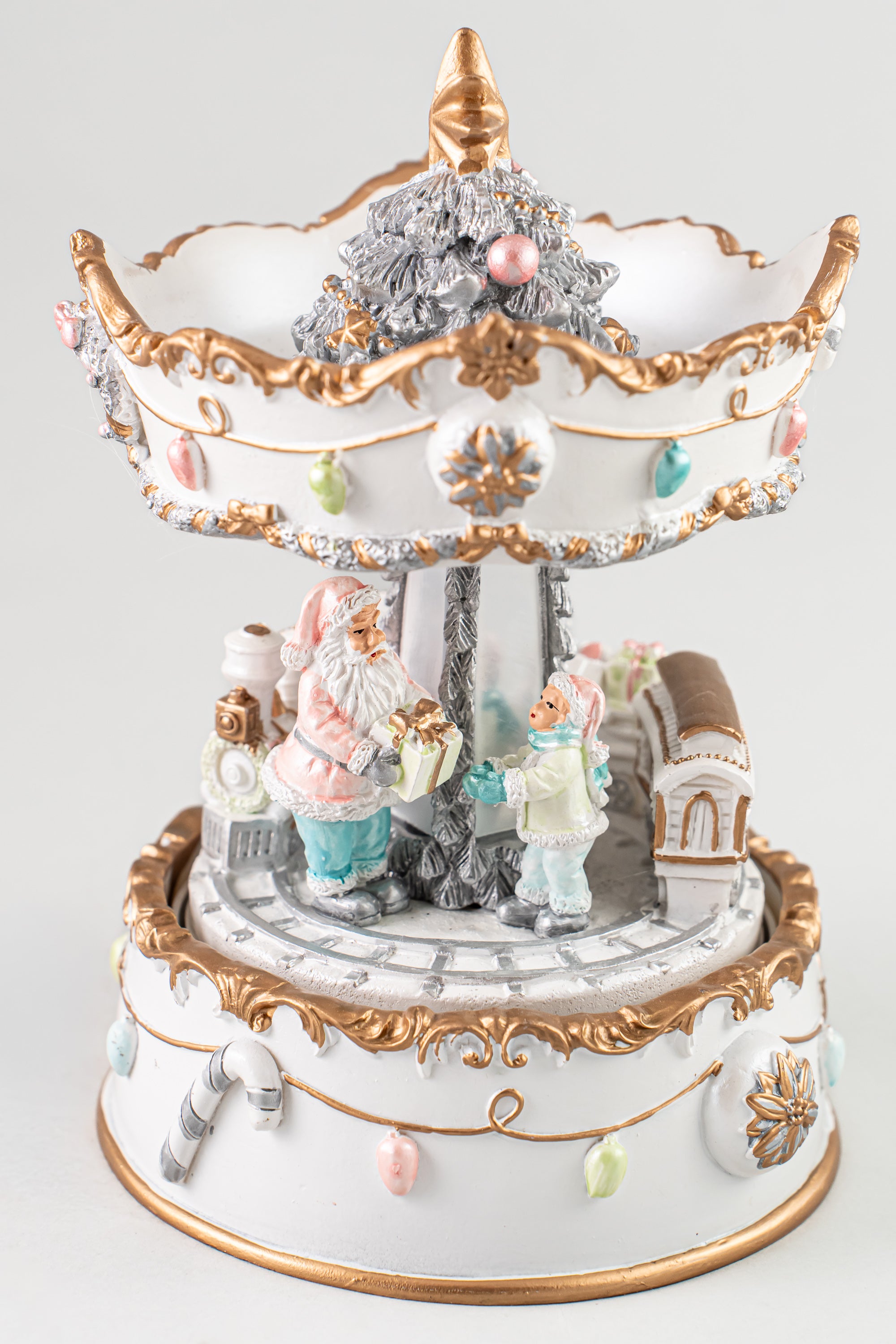 Xmas White/ Gold Resin Winding Carousel With Horses, Music & Movement