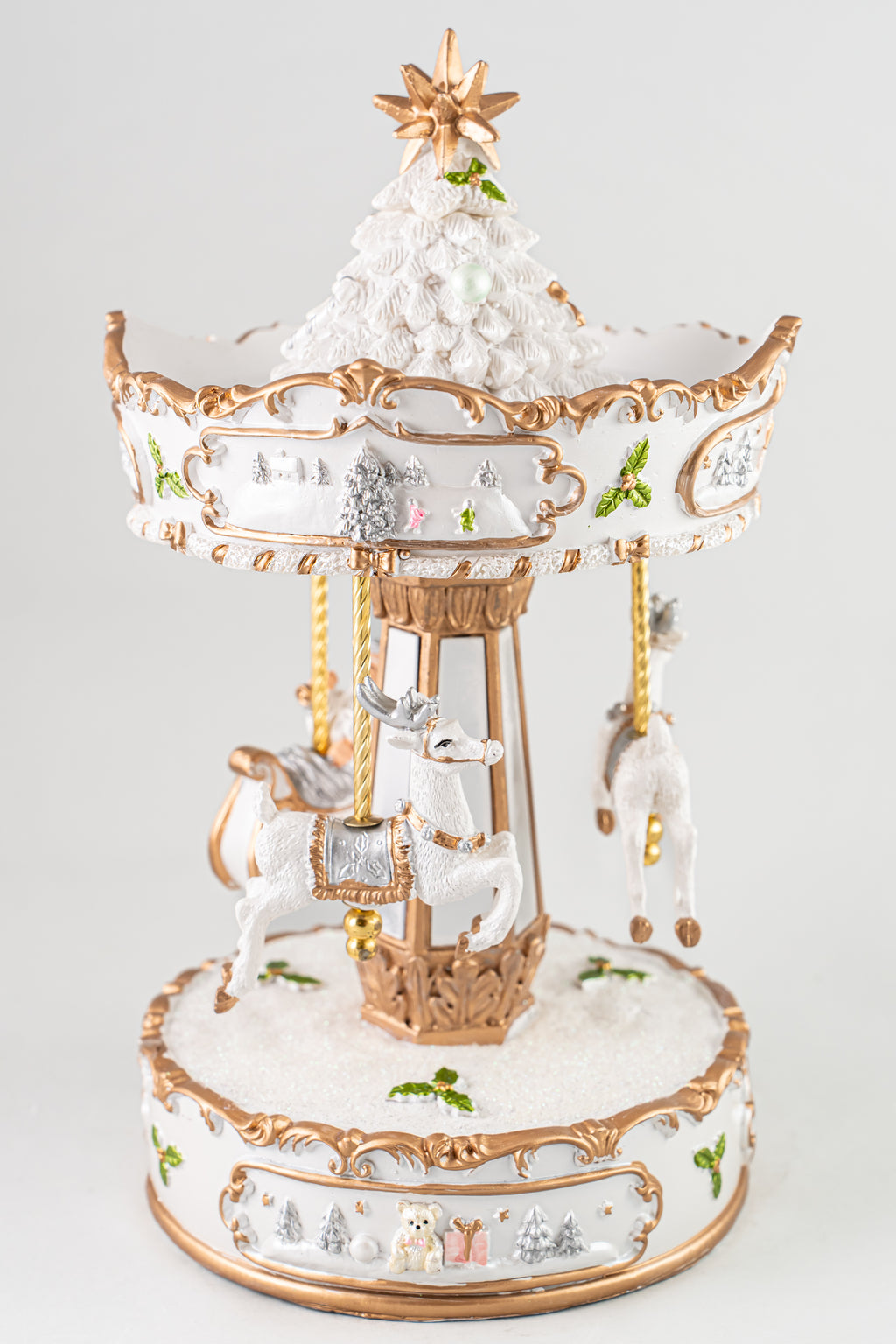 Xmas White/ Gold Resin Winding Carousel With Horses, Music & Movement.