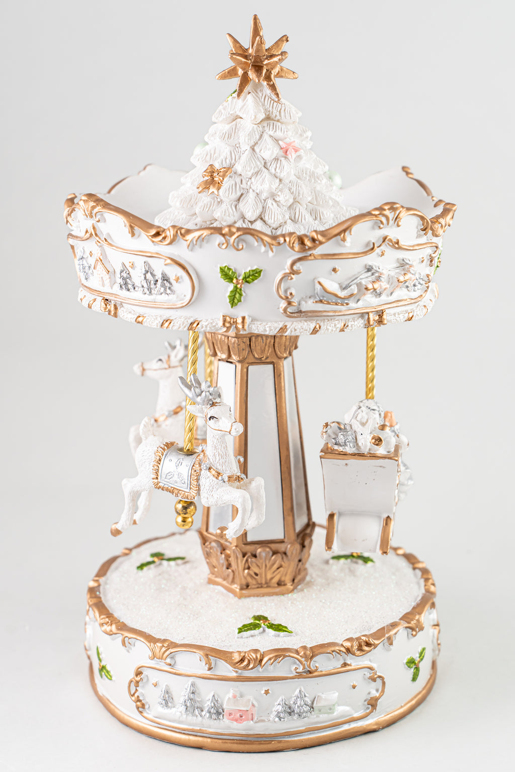 Xmas White/ Gold Resin Winding Carousel With Horses, Music & Movement.