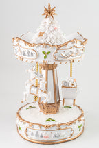 Xmas White/ Gold Resin Winding Carousel With Horses, Music & Movement.