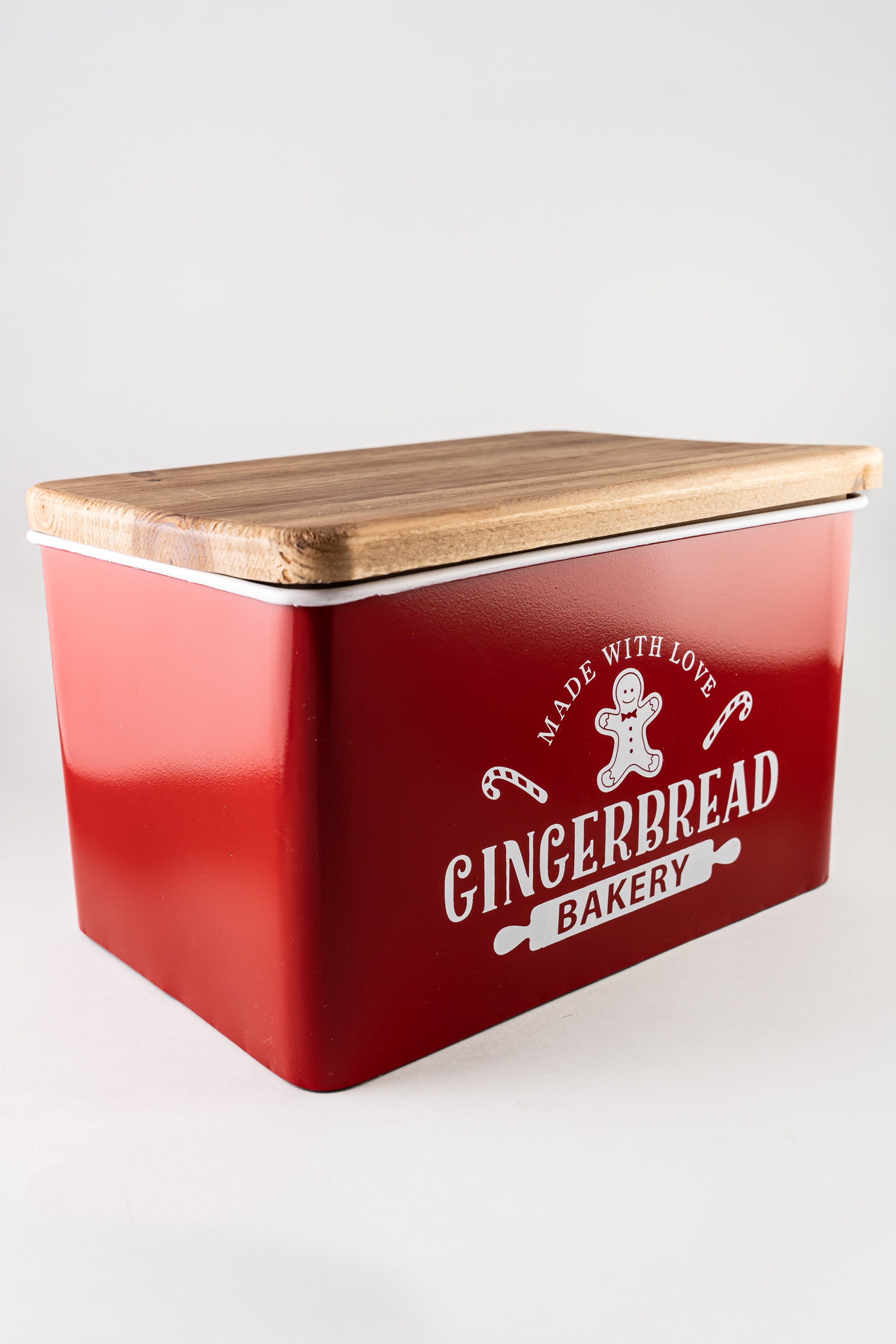 Red Metal Cookie Jar With Wood Lid