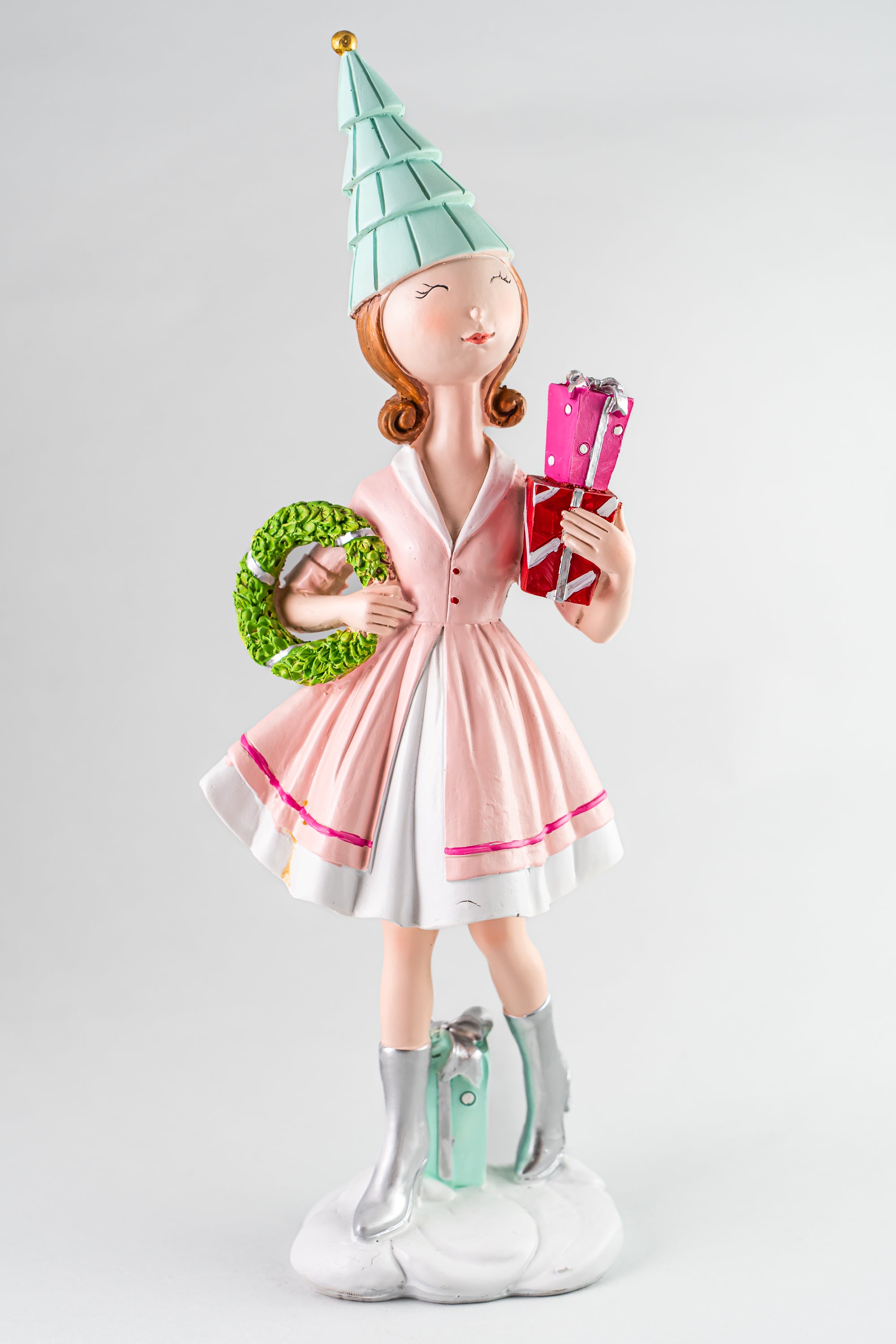 Pink Resin Girl Holding Gift And Wreath