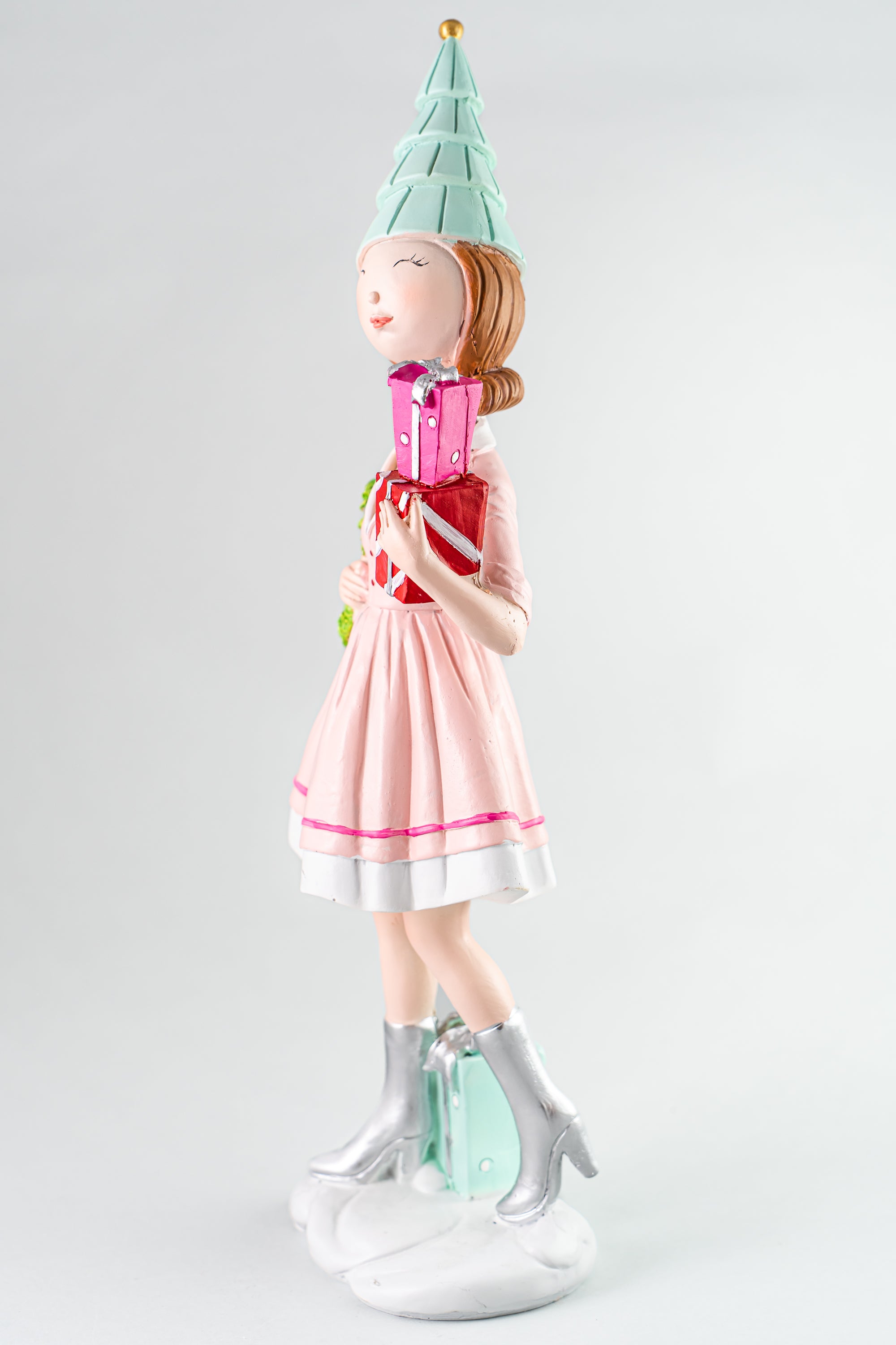 Pink Resin Girl Holding Gift And Wreath