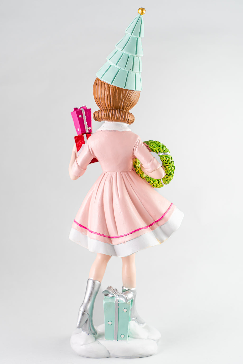 Pink Resin Girl Holding Gift And Wreath