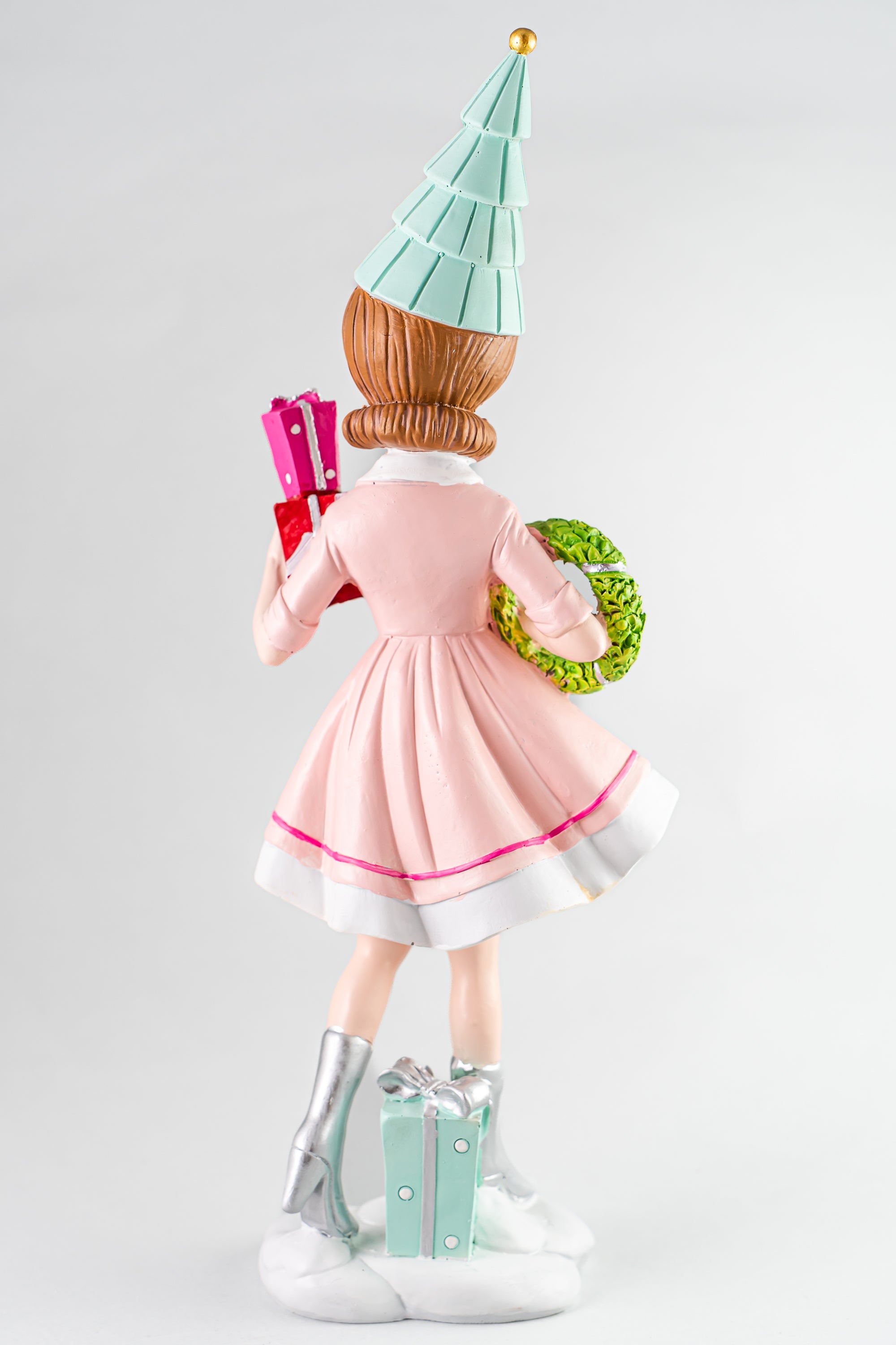 Pink Resin Girl Holding Gift And Wreath