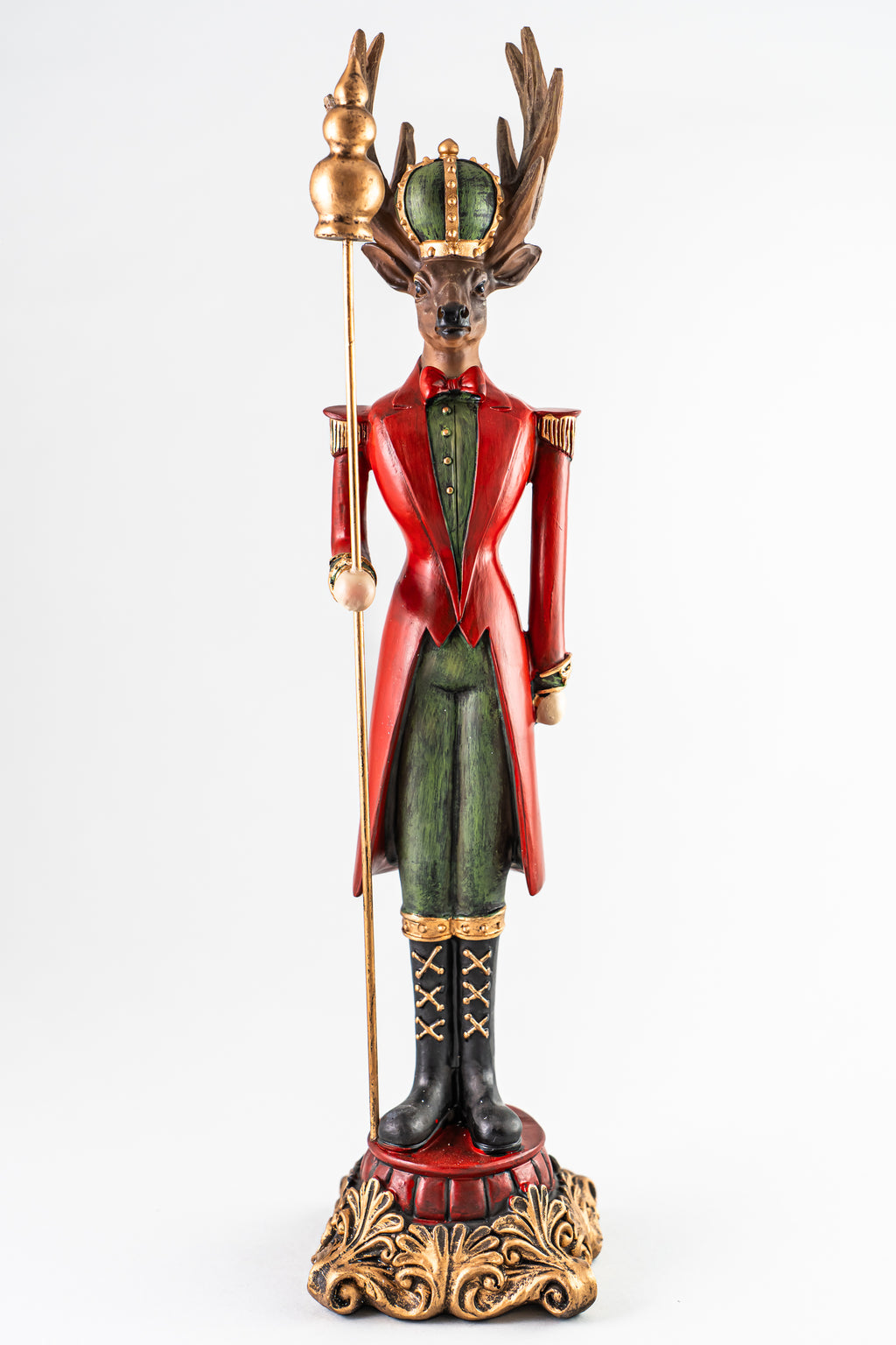 Xmas Red/ Green Resin Deer Holding A Scepter