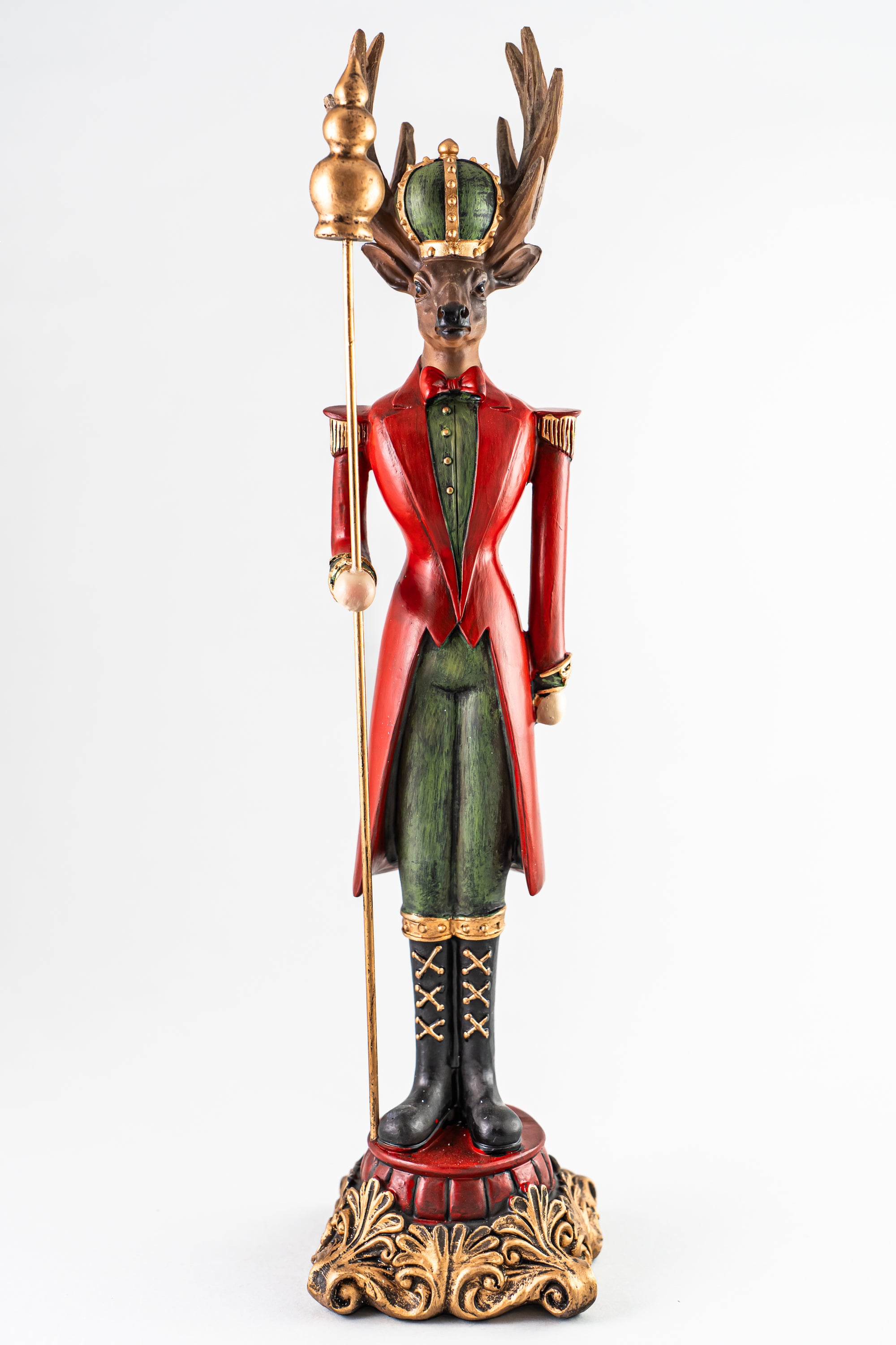 Xmas Red/ Green Resin Deer Holding A Scepter