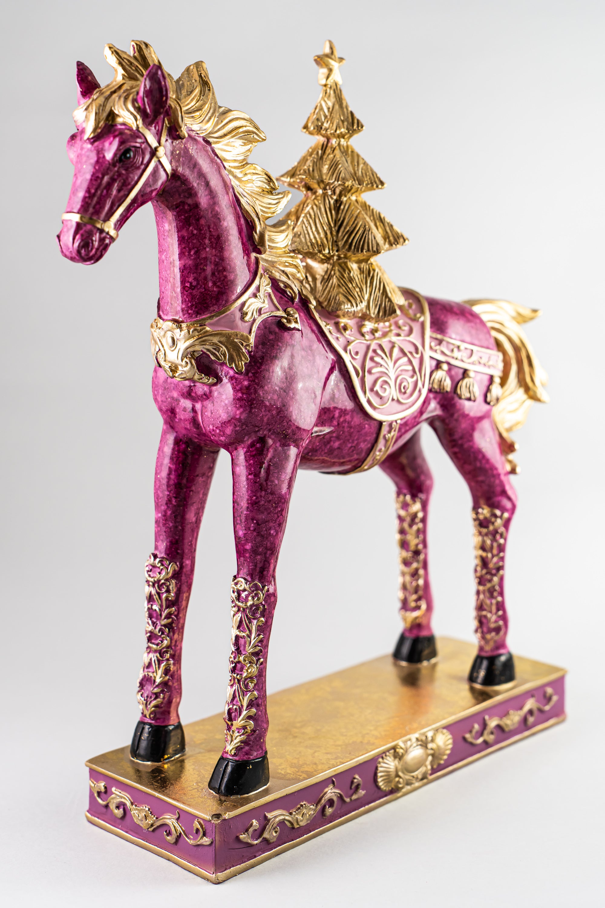 Xmas Pink Resin Horse With Gold Mane And Tree
