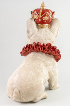Xmas White Resin Sitting Dog Figure Wearing Red Crown