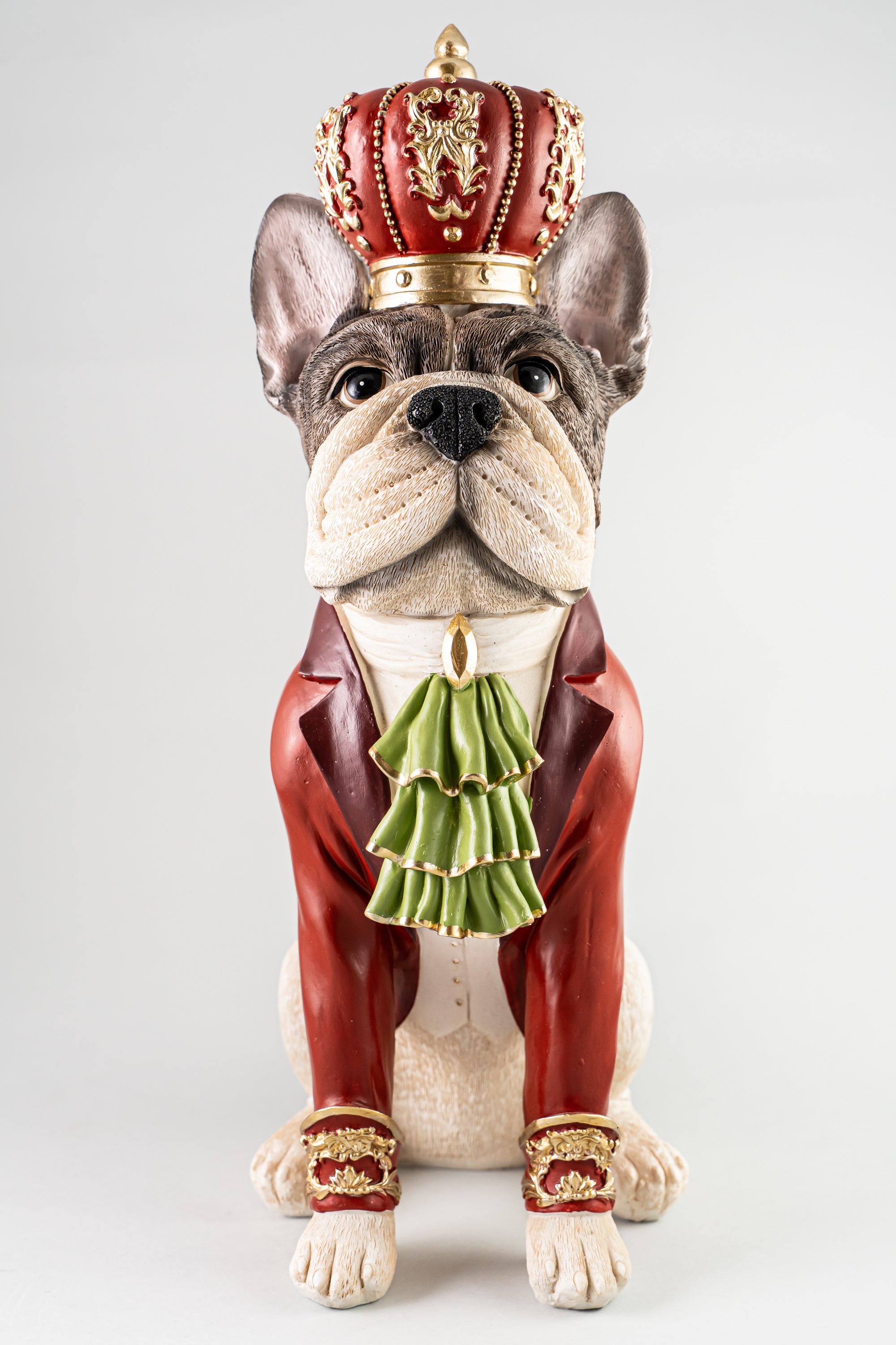 Xmas White Resin Sitting Dog Figure Wearing Red Crown & Costume