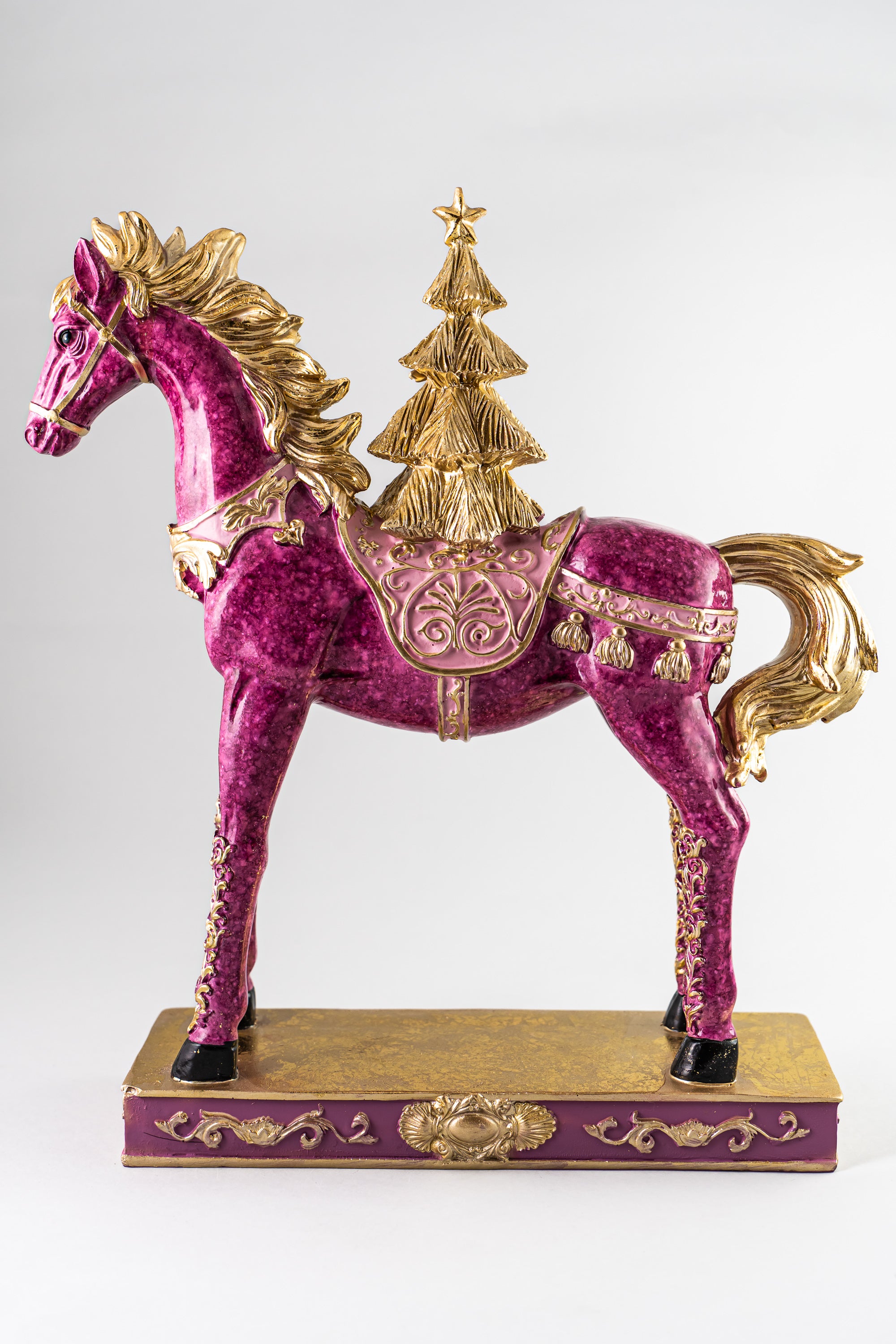 Xmas Pink Resin Horse With Gold Mane And Tree