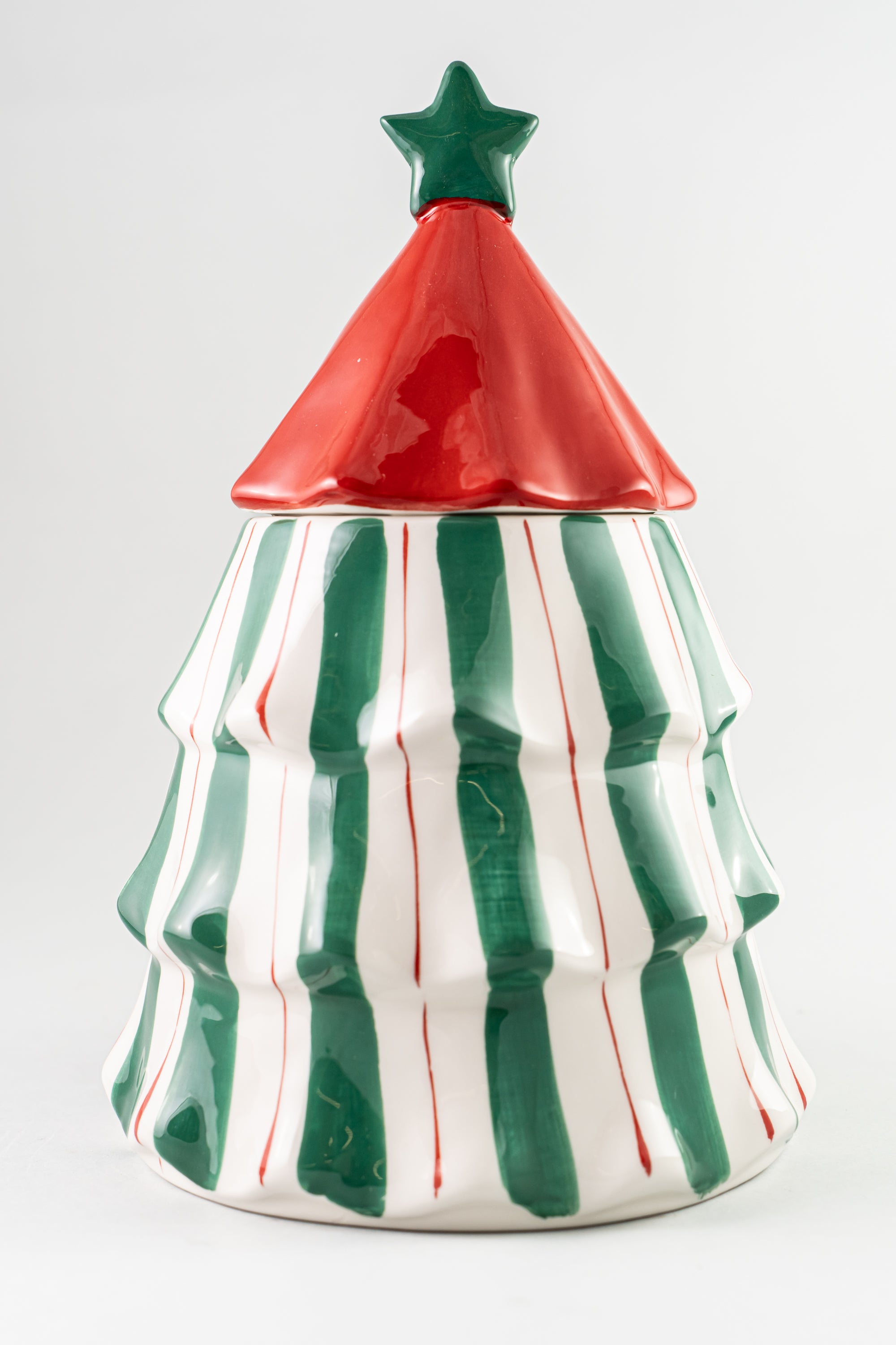 Xmas Green/Red With Stripes Cookie Jar Tree Design