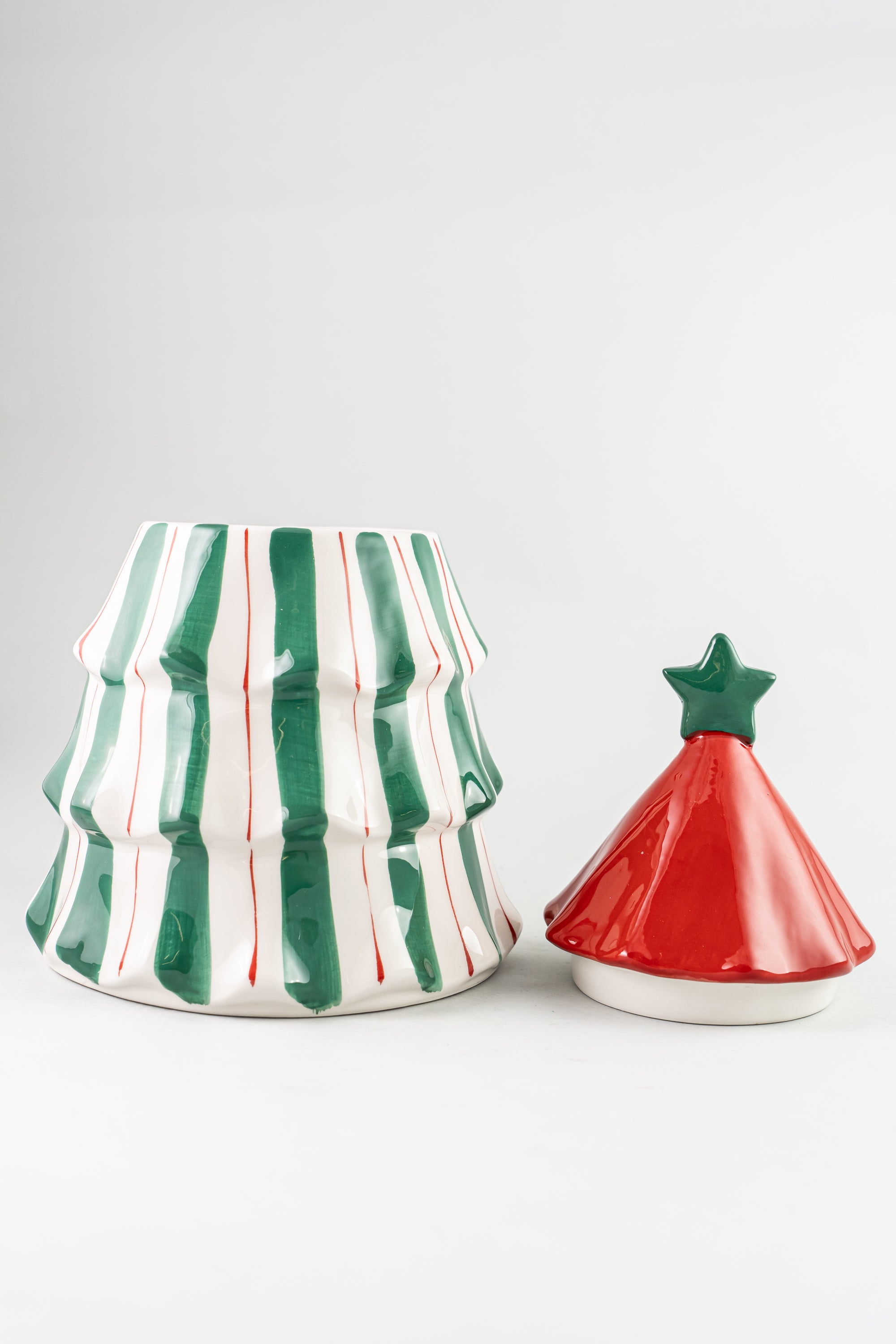 Xmas Green/Red With Stripes Cookie Jar Tree Design