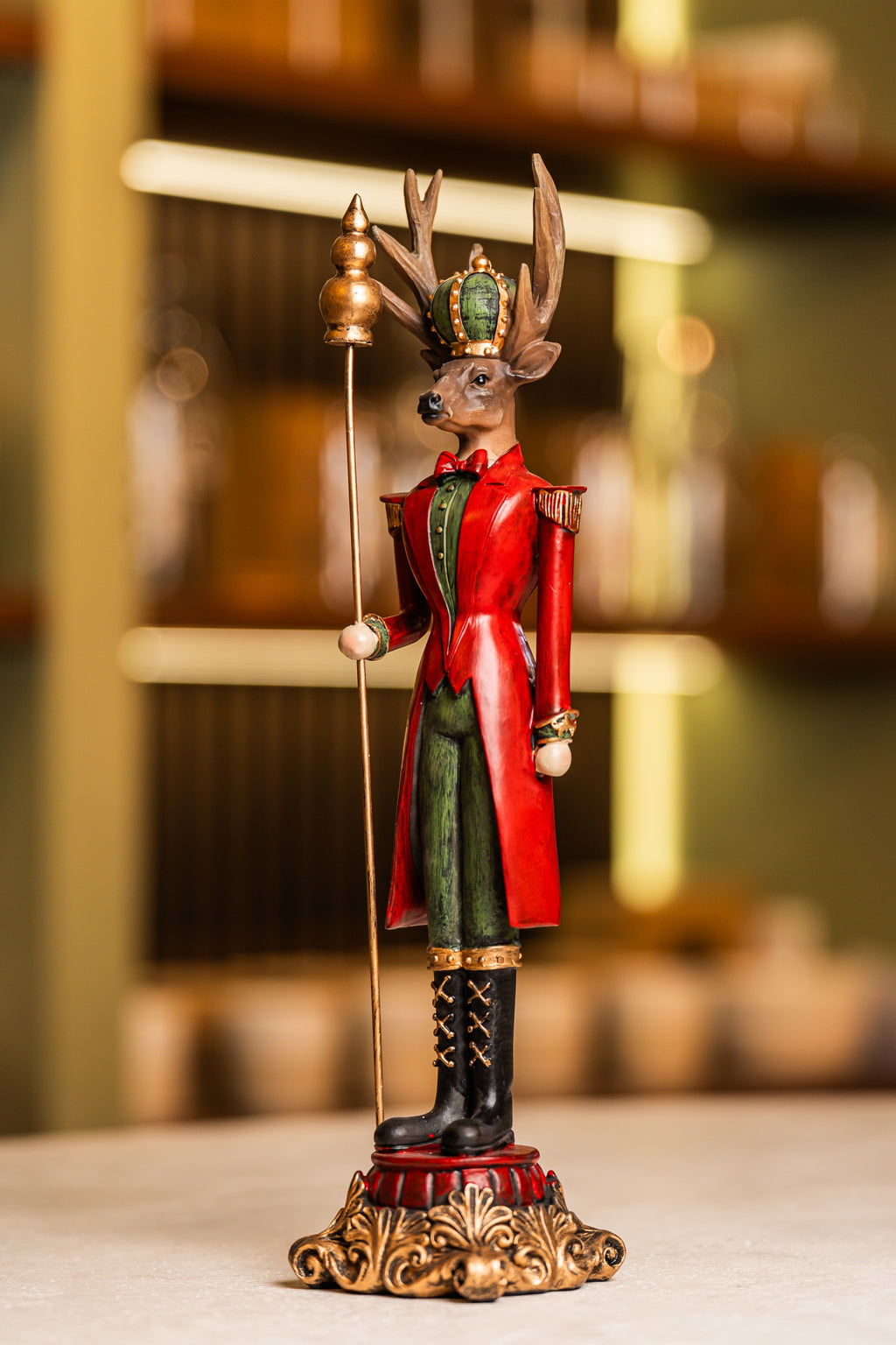 Xmas Red/ Green Resin Deer Holding A Scepter