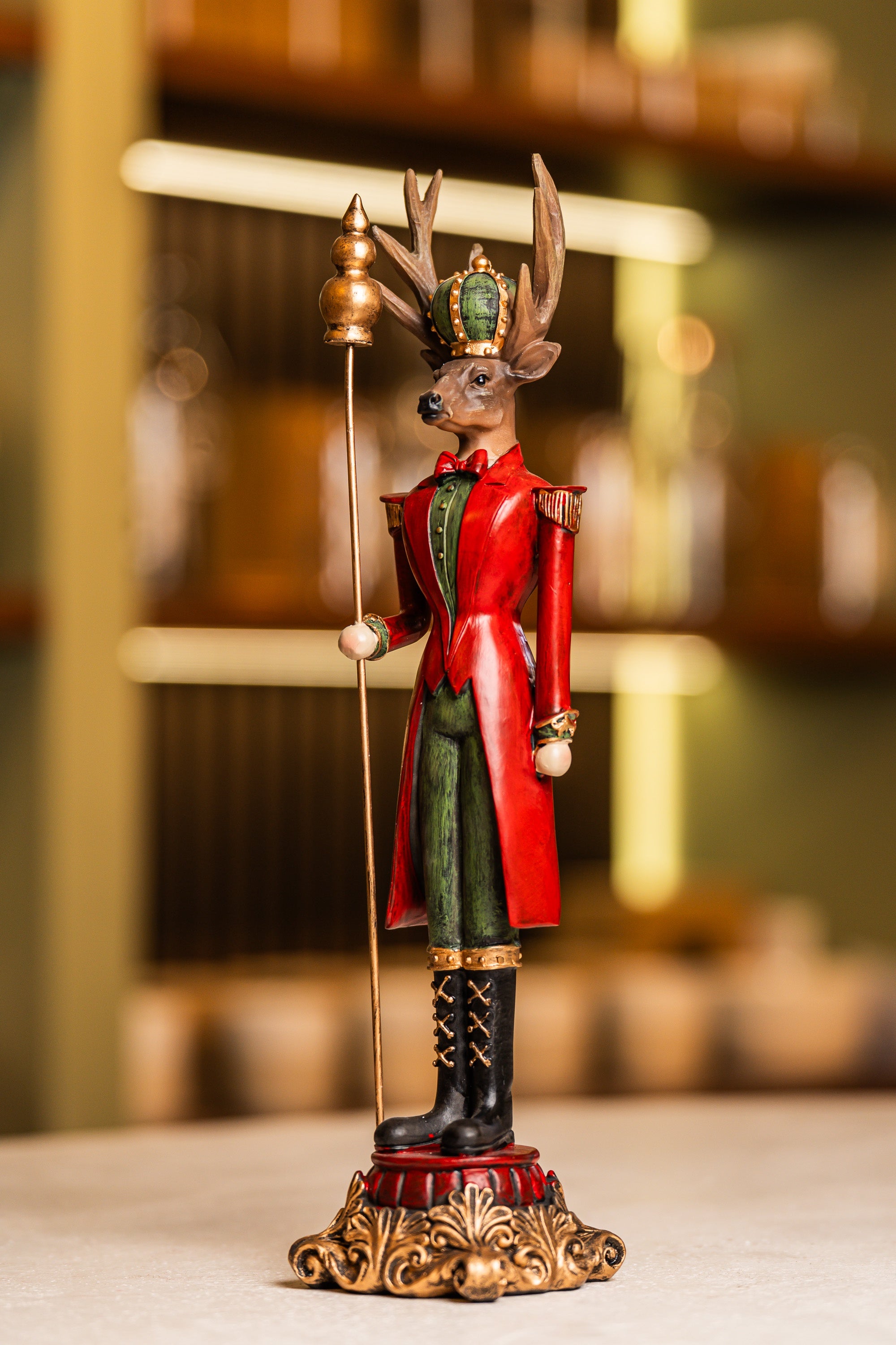 Xmas Red/ Green Resin Deer Holding A Scepter