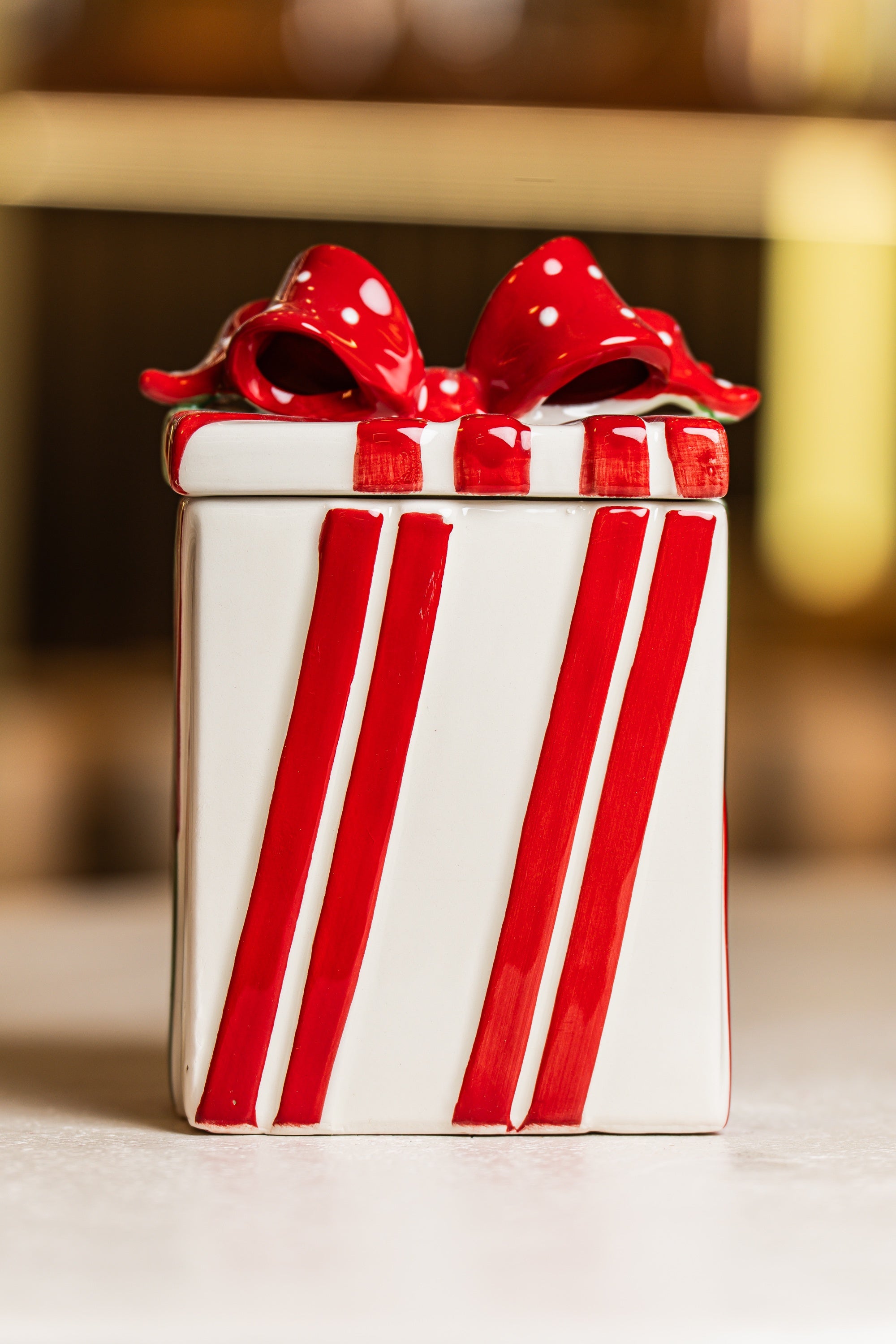 Red White Christmas Ceramic Cookie Jar Present.