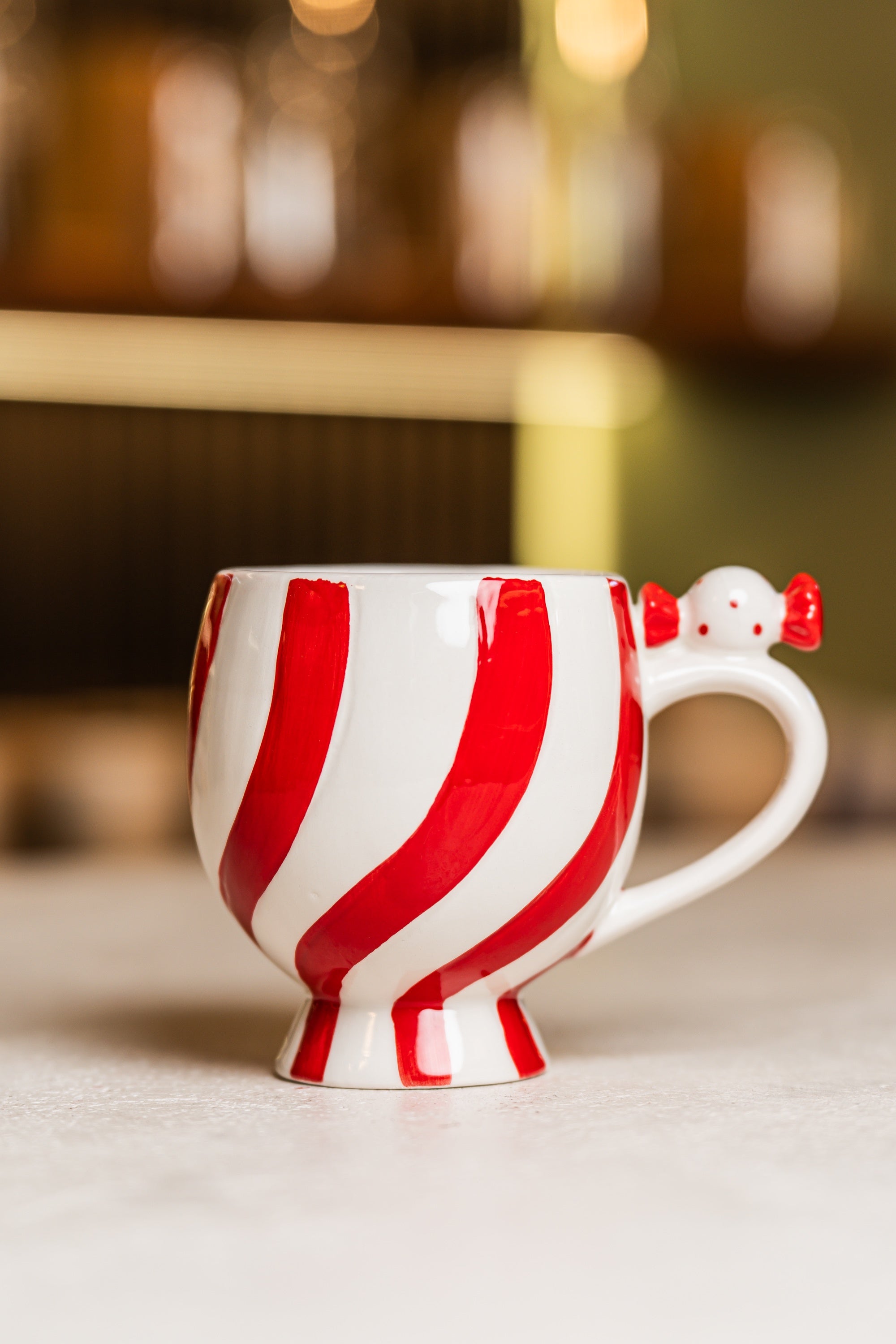 Xmas Red/White Stripes Ceramic Mug With Candy