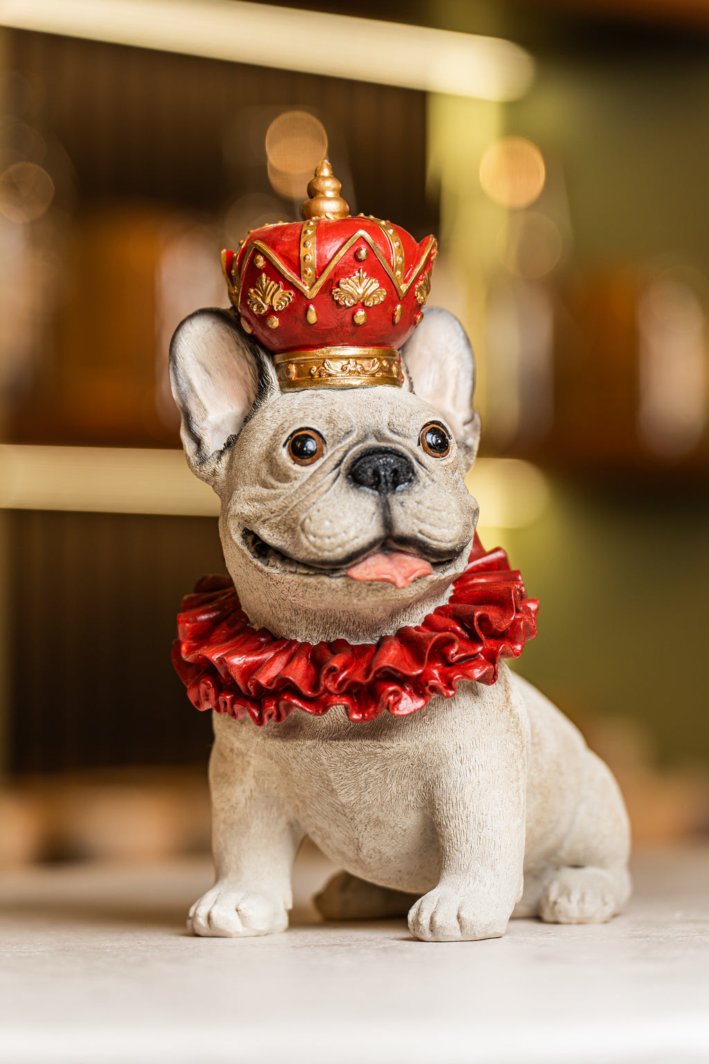 Xmas White Resin Sitting Dog Figure Wearing Red Crown