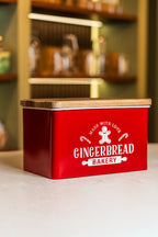 Red Metal Cookie Jar With Wood Lid