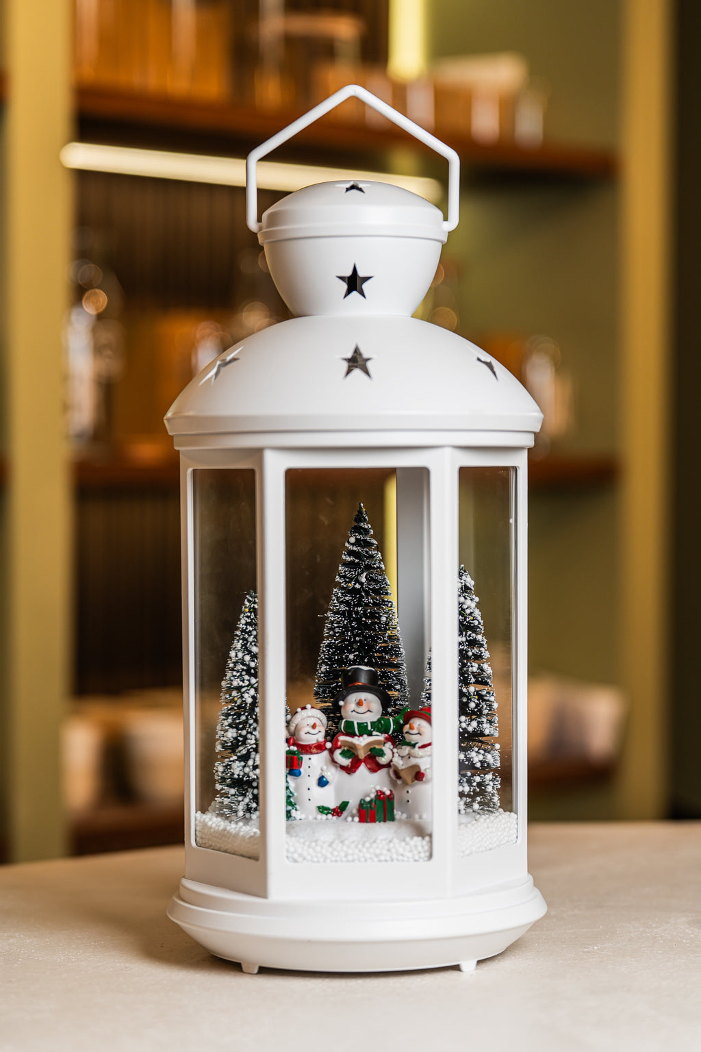 White Plastic Latern Led Lights With Snowman.