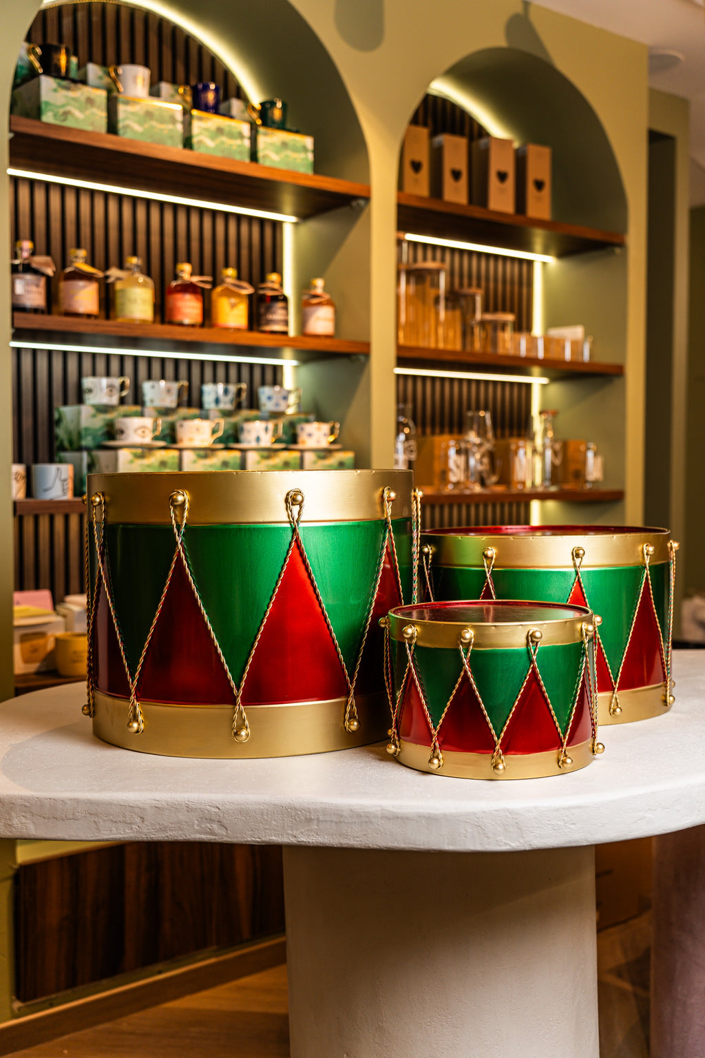 Set of 3 Green/Red Metal Drums