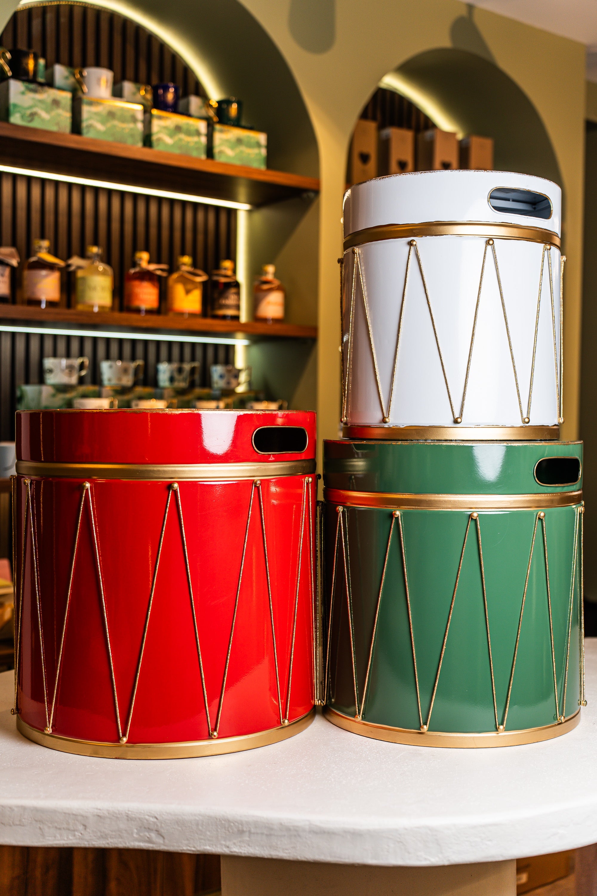 Xmas Set of 3 - Red/Green/White Metal Box With Drum Design