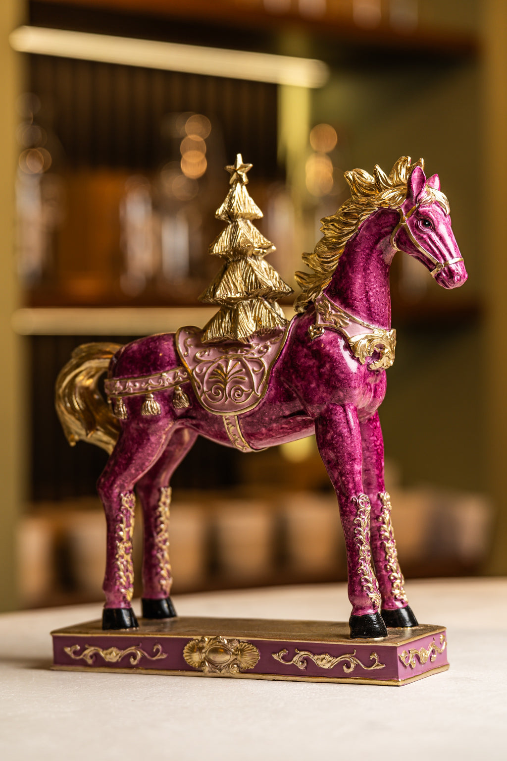 Xmas Pink Resin Horse With Gold Mane And Tree