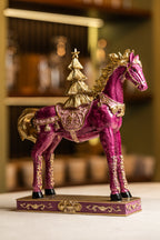 Xmas Pink Resin Horse With Gold Mane And Tree