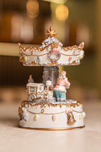 Xmas White/ Gold Resin Winding Carousel With Horses, Music & Movement