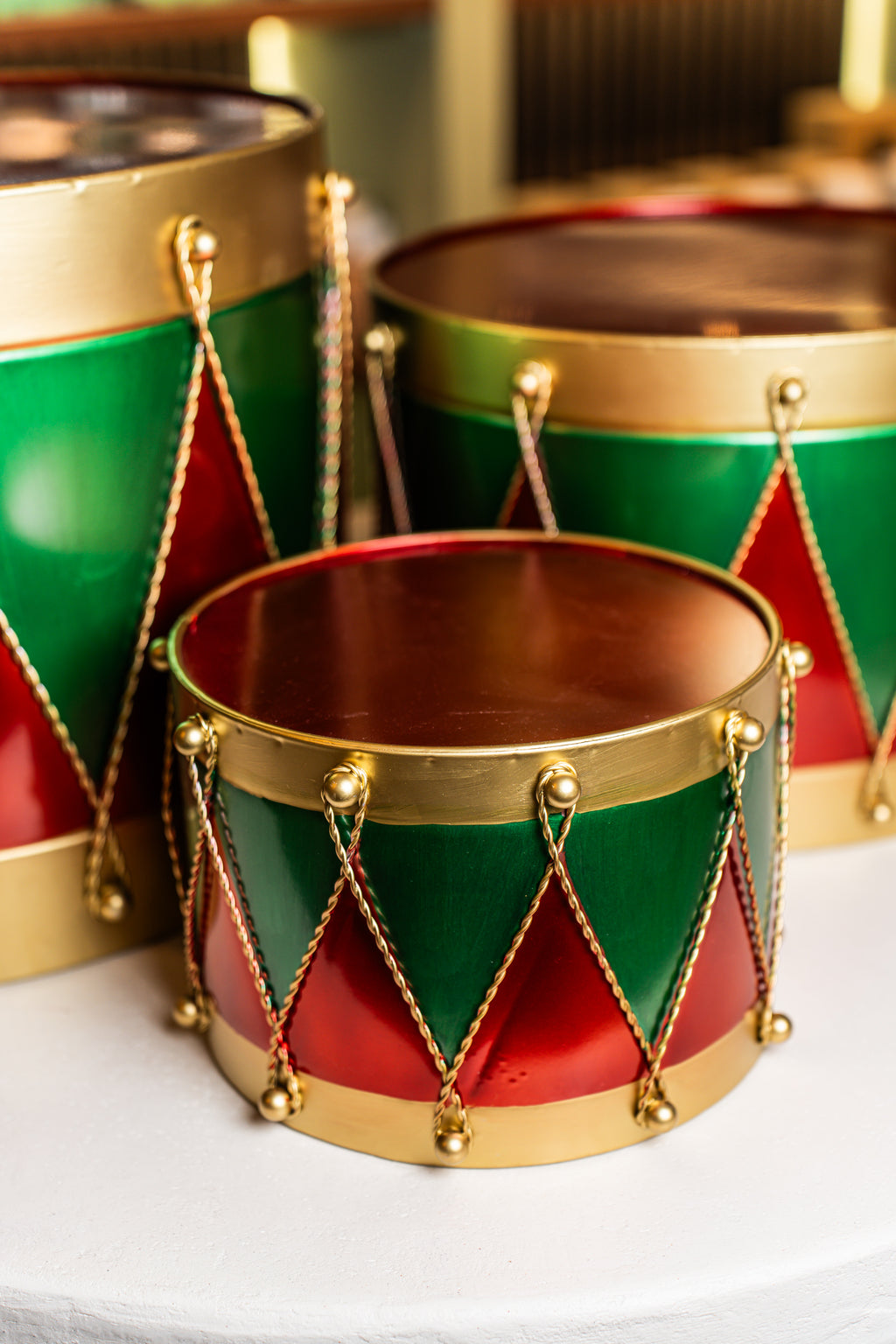 Set of 3 Green/Red Metal Drums