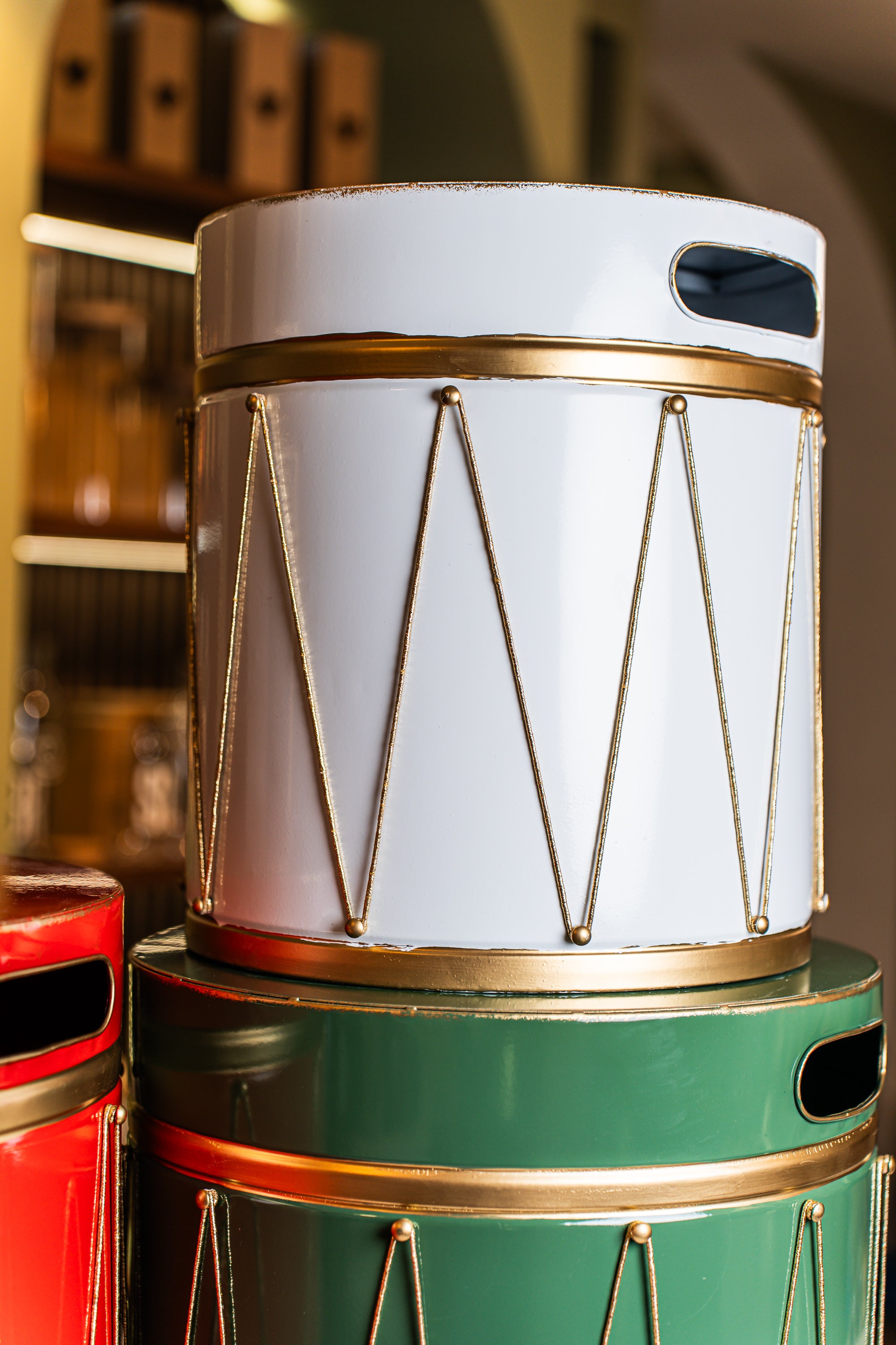 Xmas Set of 3 - Red/Green/White Metal Box With Drum Design