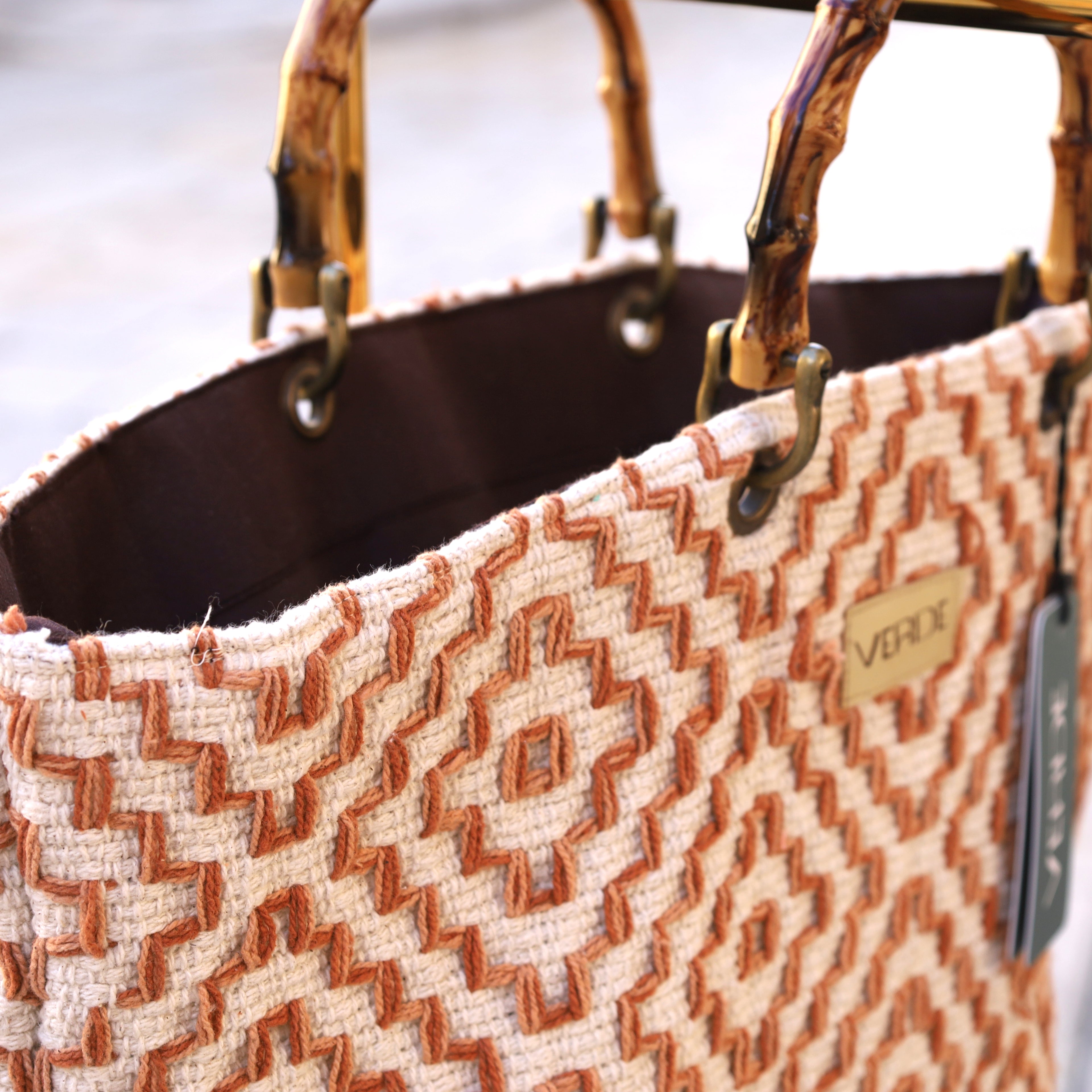 Rust & Cream Pattern Beach Tote with Bamboo Handles – Your Perfect Summer Escape Bag