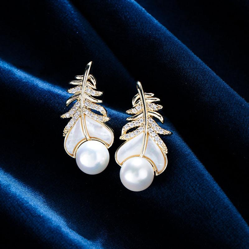 Feather Pearl Copper Earrings