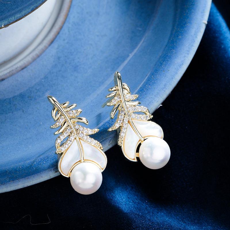 Feather Pearl Copper Earrings