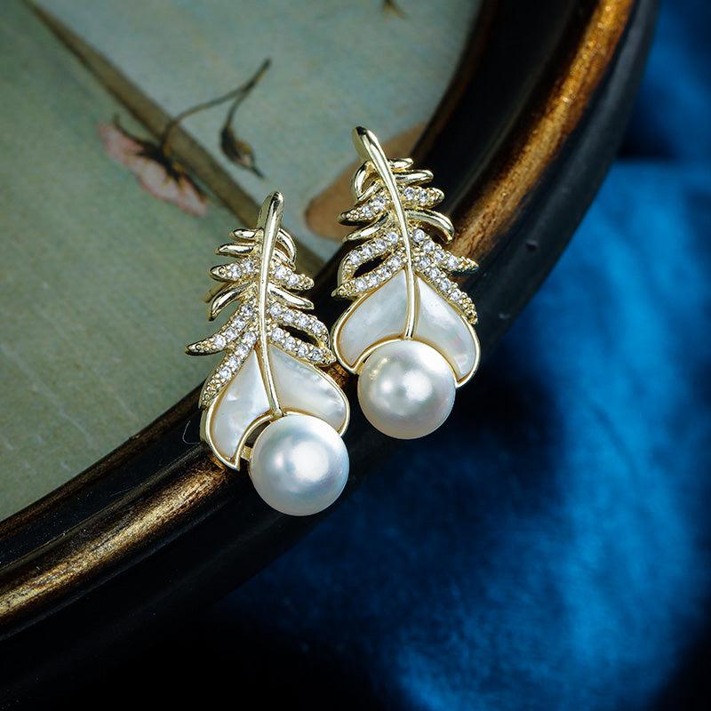 Feather Pearl Copper Earrings