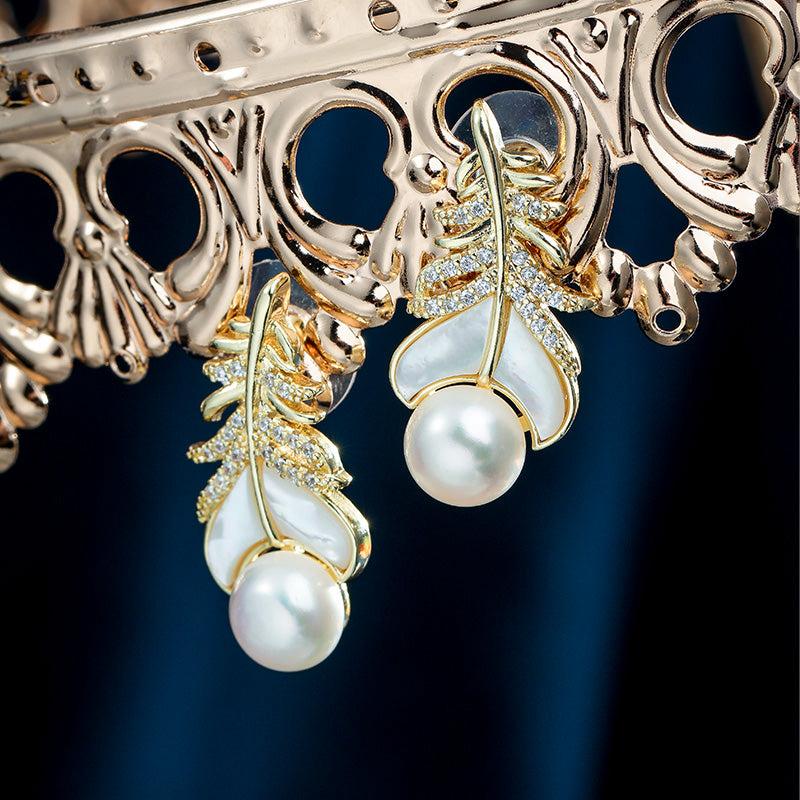 Feather Pearl Copper Earrings