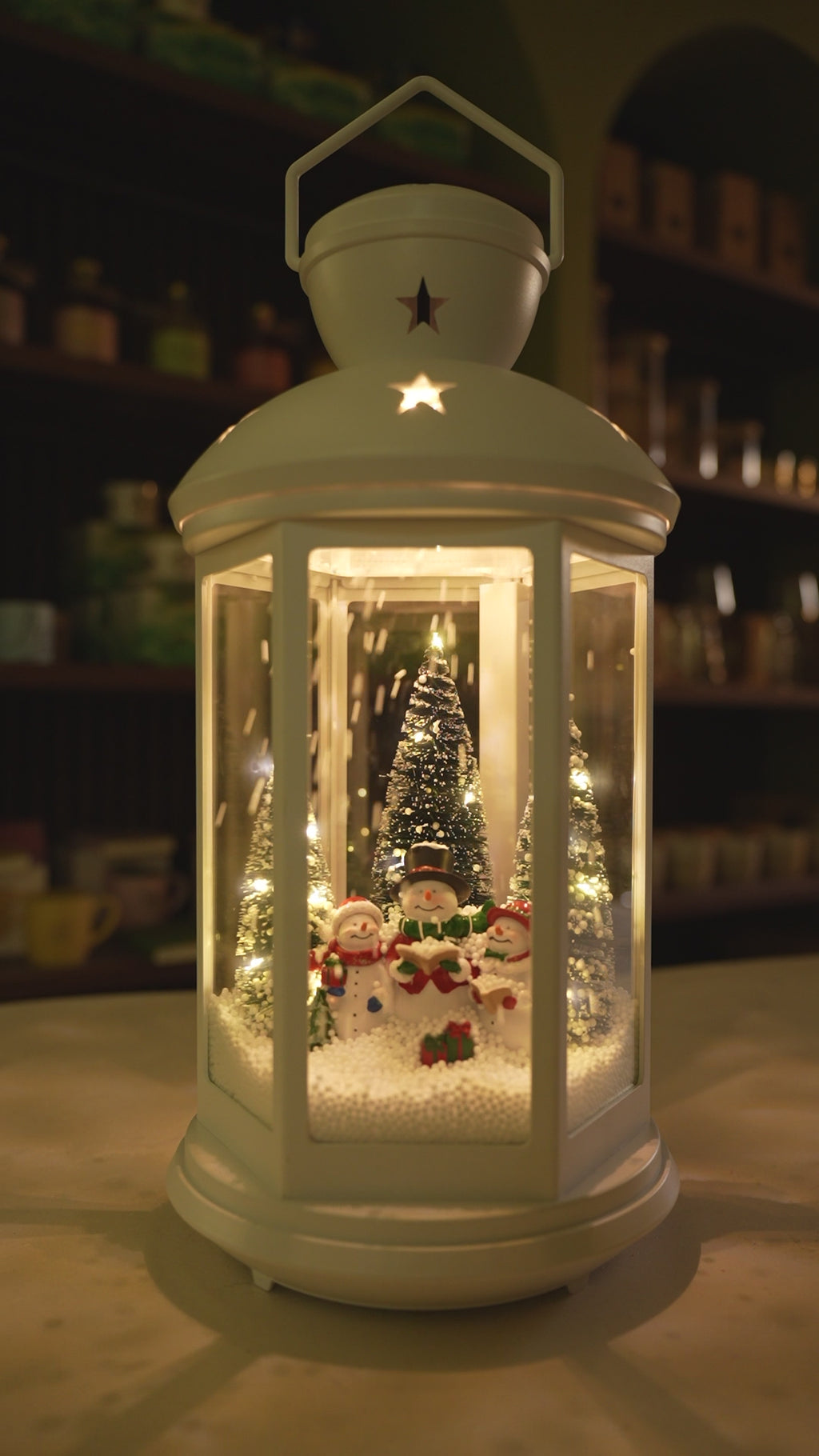 White Plastic Latern Led Lights With Snowman.